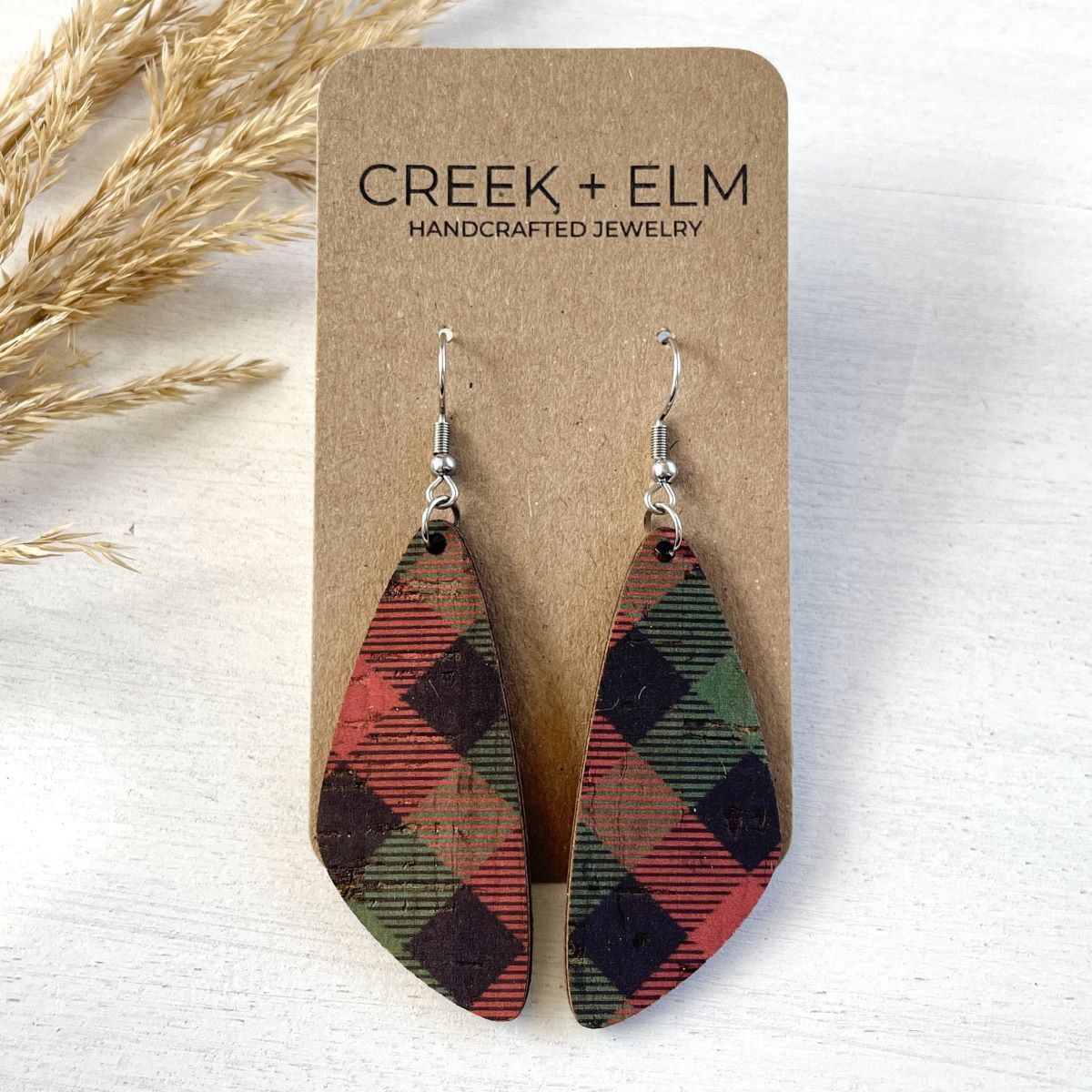 Eliza Cork Teardrop Earrings- Buffalo Plaid