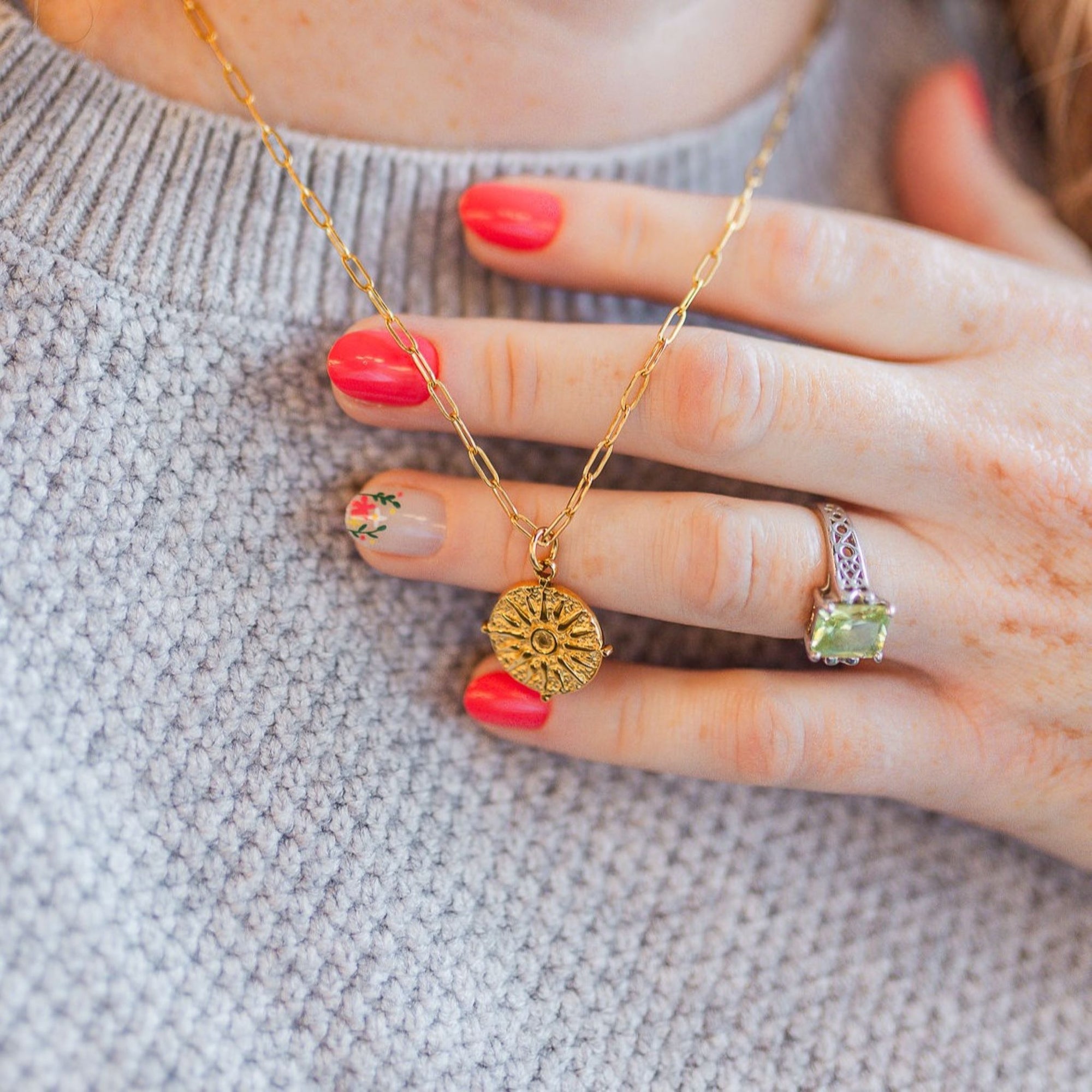 journey gold necklace on model closeup