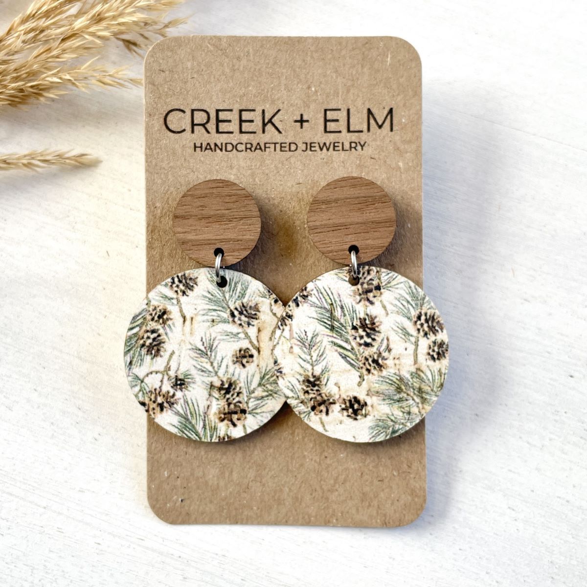 Liyra Cork + Walnut Wood Circle Earrings- Evergreen