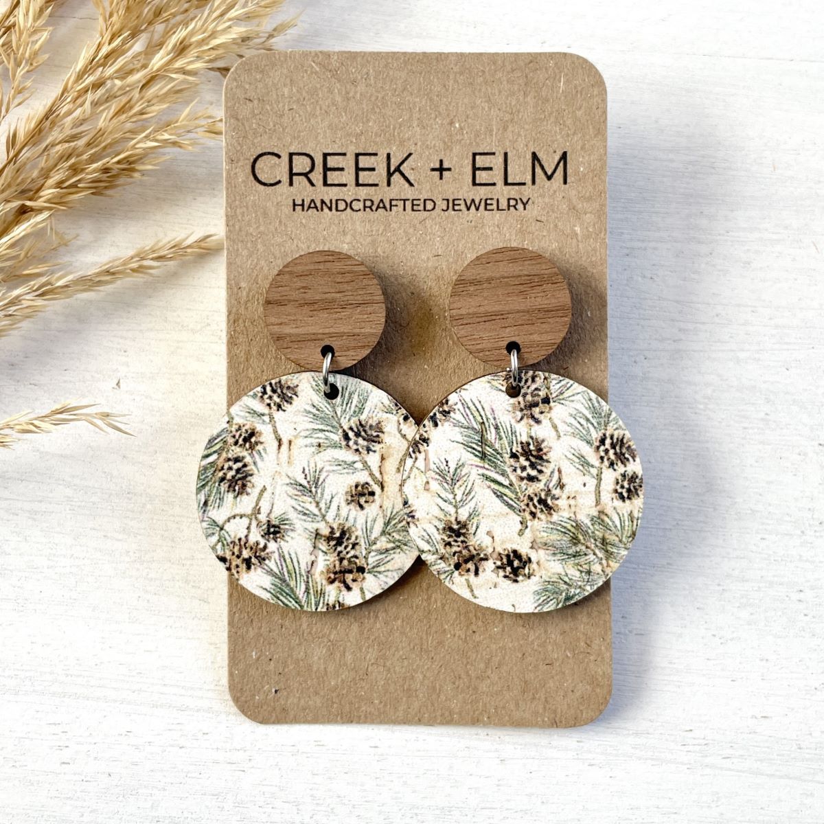 Liyra Cork + Walnut Wood Circle Earrings- Evergreen