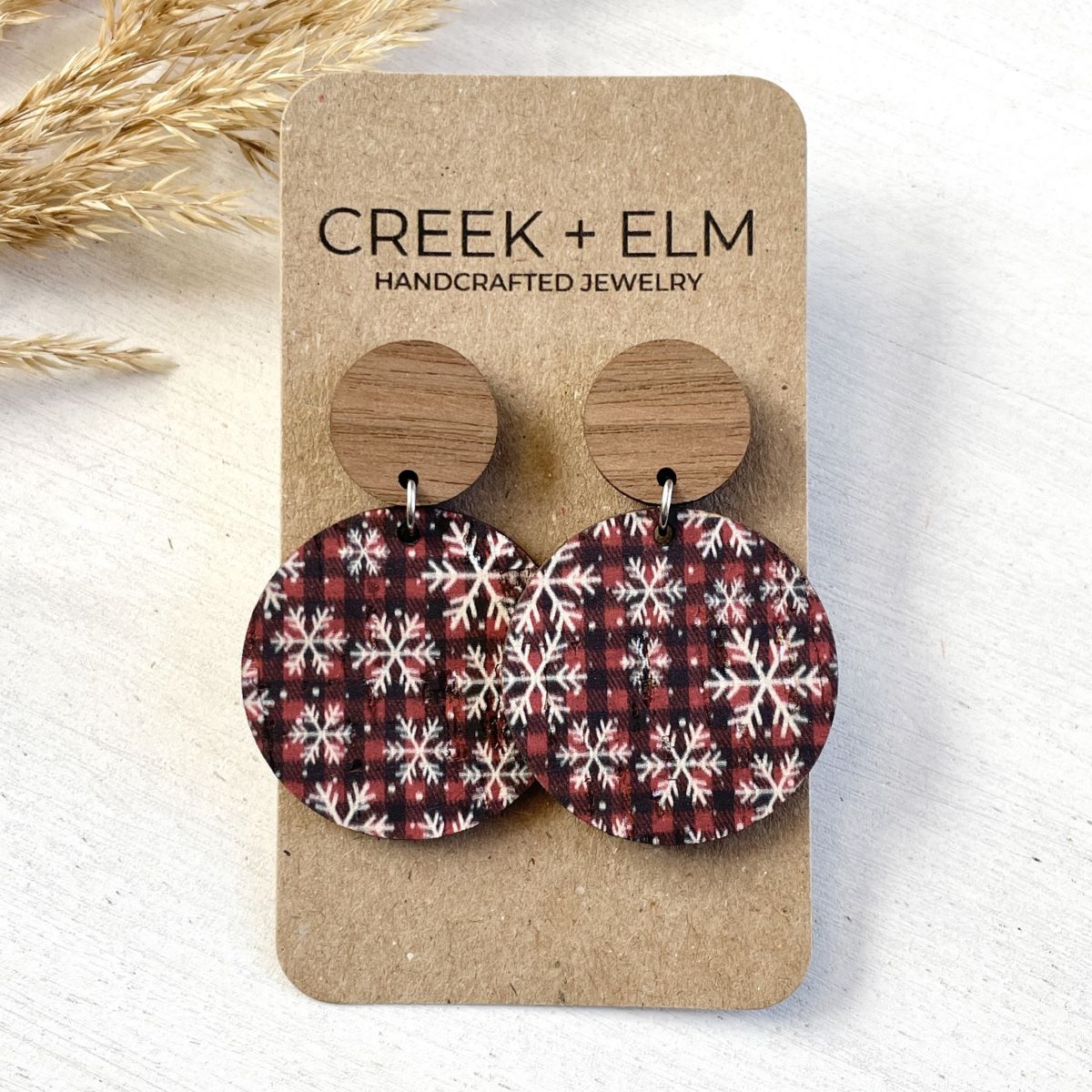 Liyra Cork + Walnut Wood Circle Earrings- Snowflakes