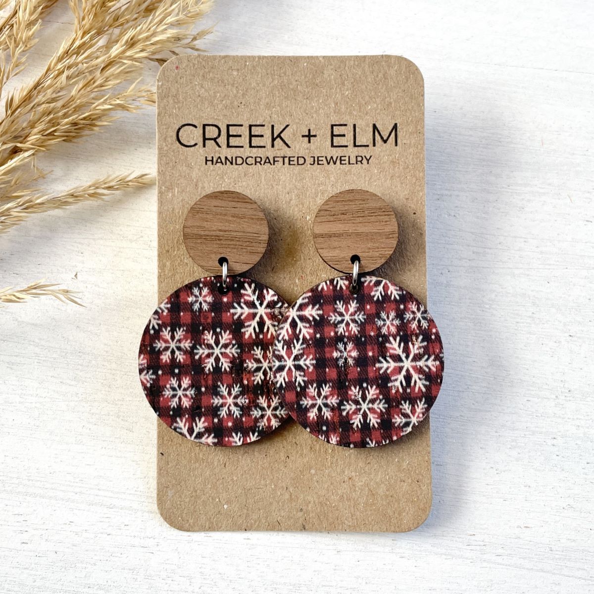 Liyra Cork + Walnut Wood Circle Earrings- Snowflakes