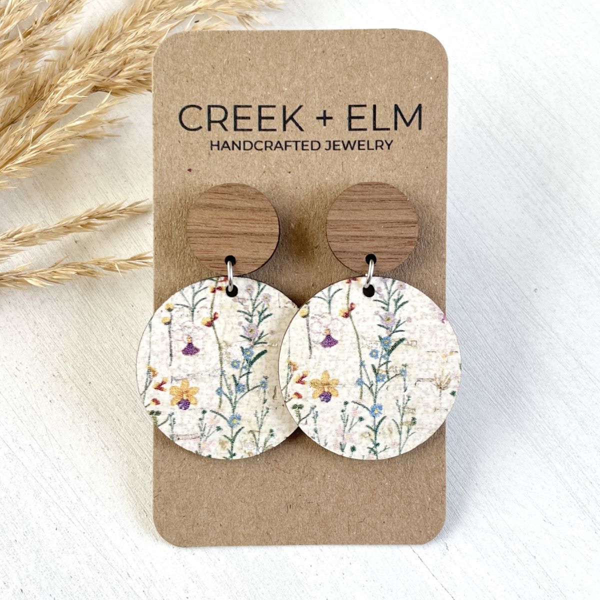 Liyra Cork + Walnut Wood Circle Earrings- Wildflowers