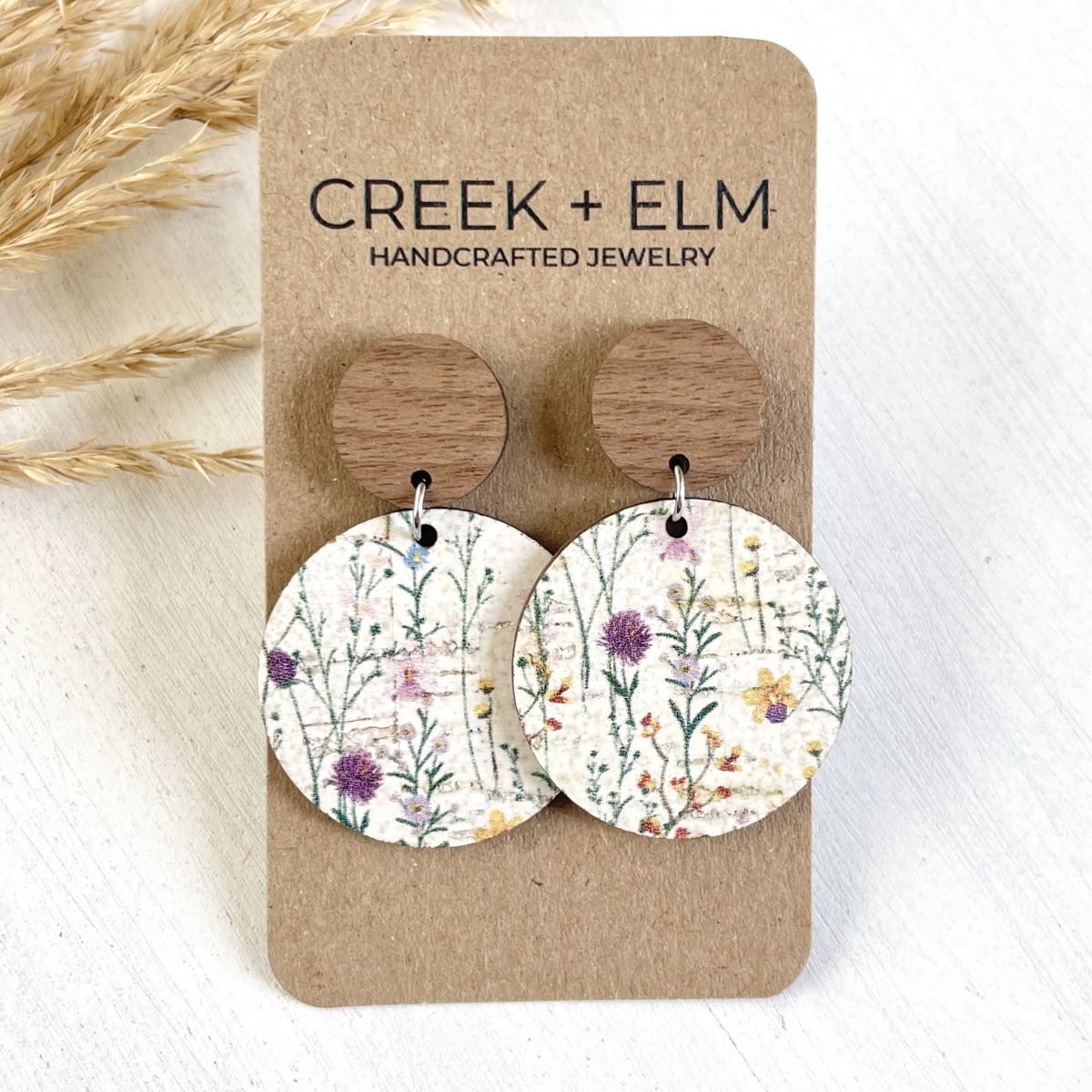 Liyra Cork + Walnut Wood Circle Earrings- Wildflowers