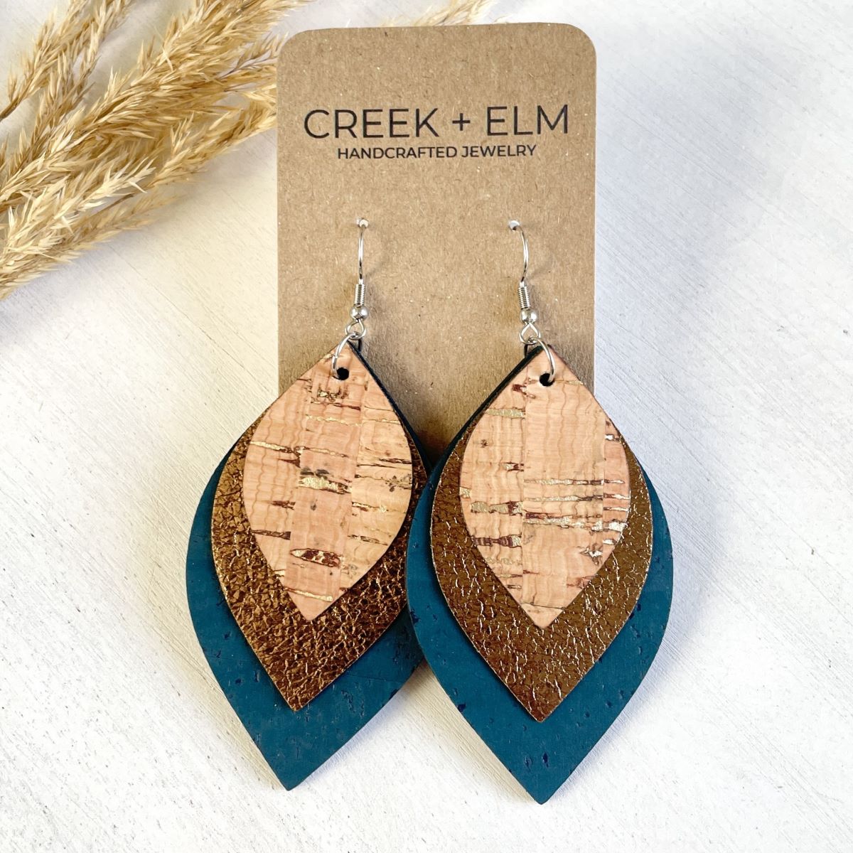 Macy Cork + Vegan Leather Dangly Leaf Earrings-Teal