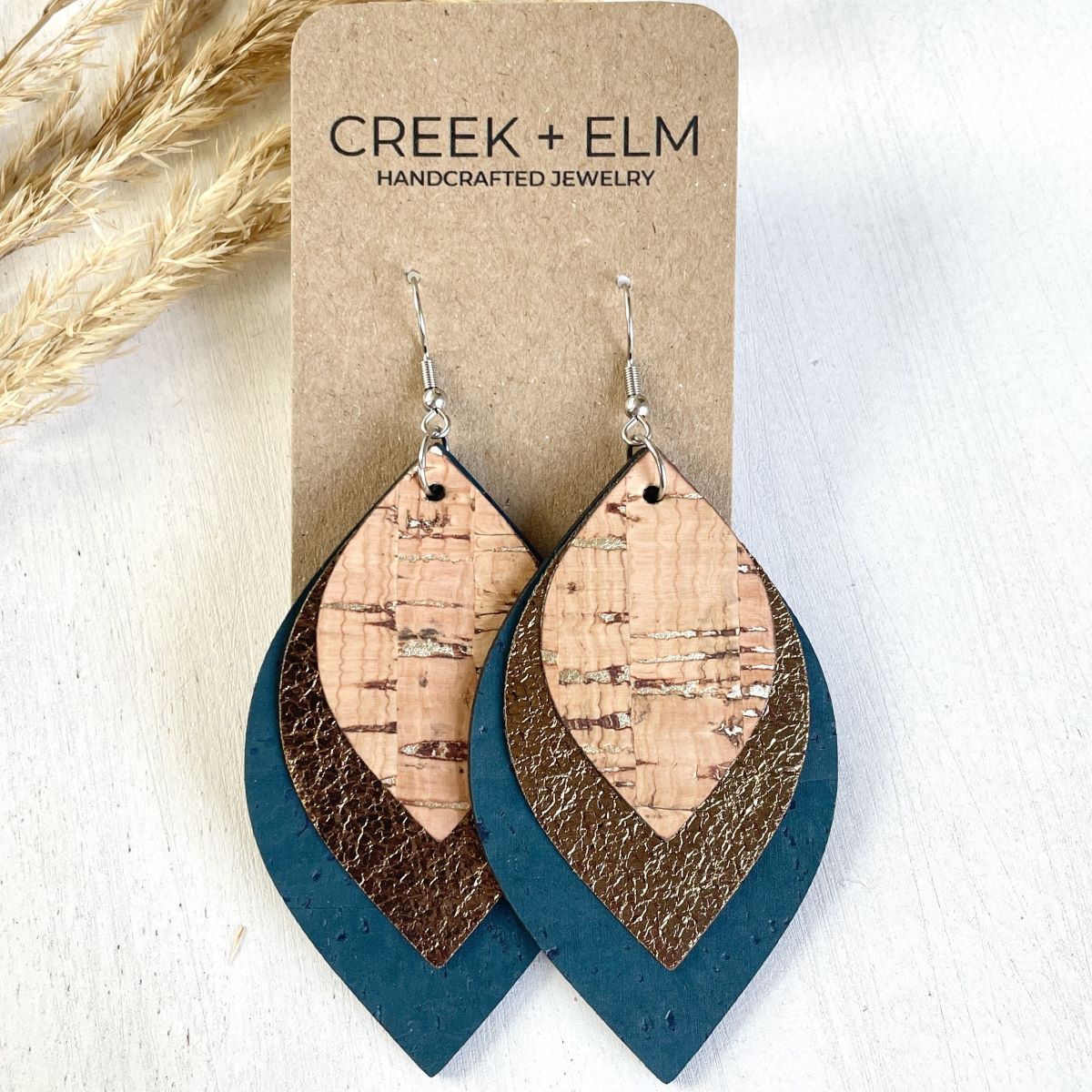 Macy Cork + Vegan Leather Dangly Leaf Earrings-Teal