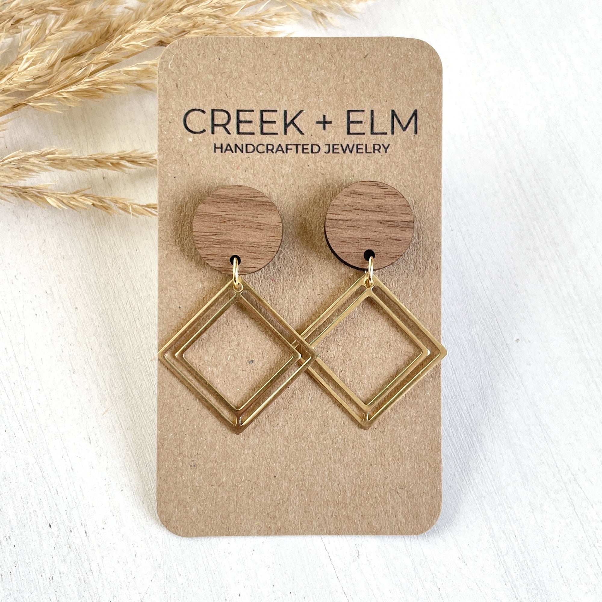 Olive Walnut Wood + Gold Accent Dangly Earrings