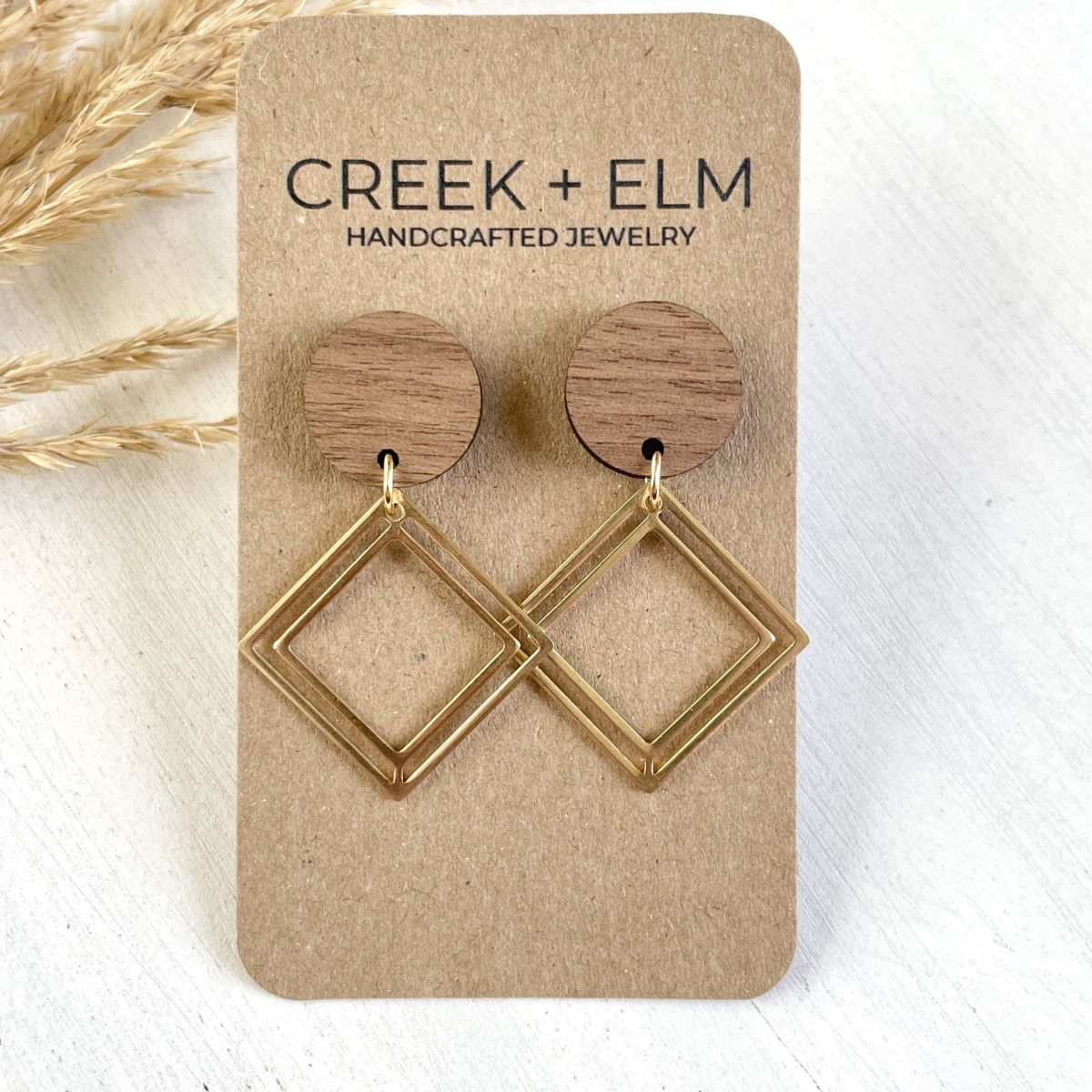 Olive Walnut Wood + Gold Accent Dangly Earrings