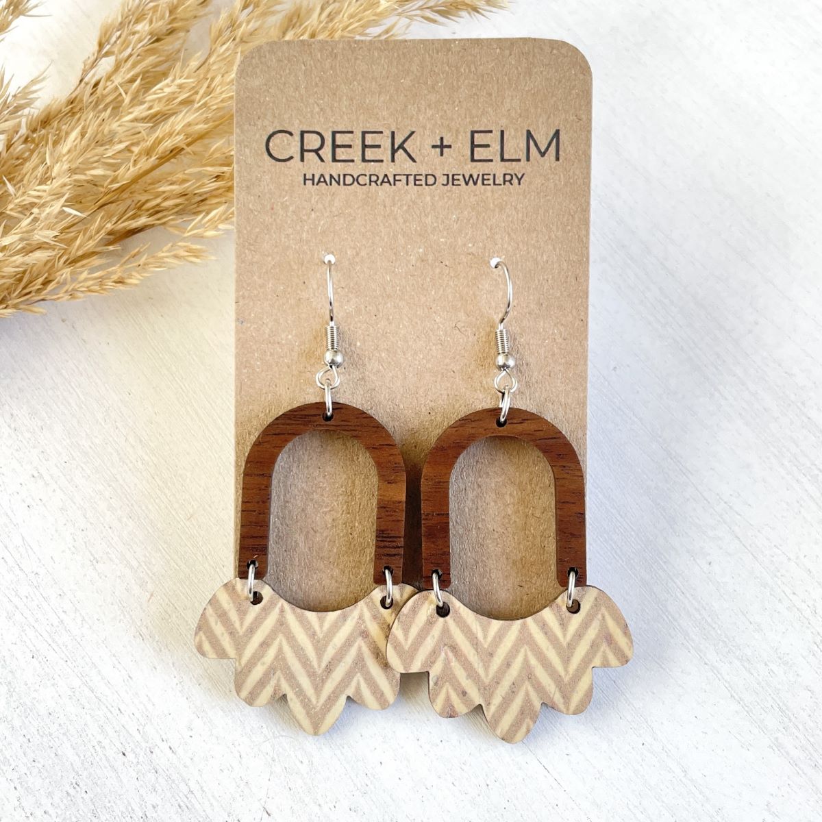 Paige Scalloped Cork + Walnut Wood Arch Dangly Earrings-Chevron
