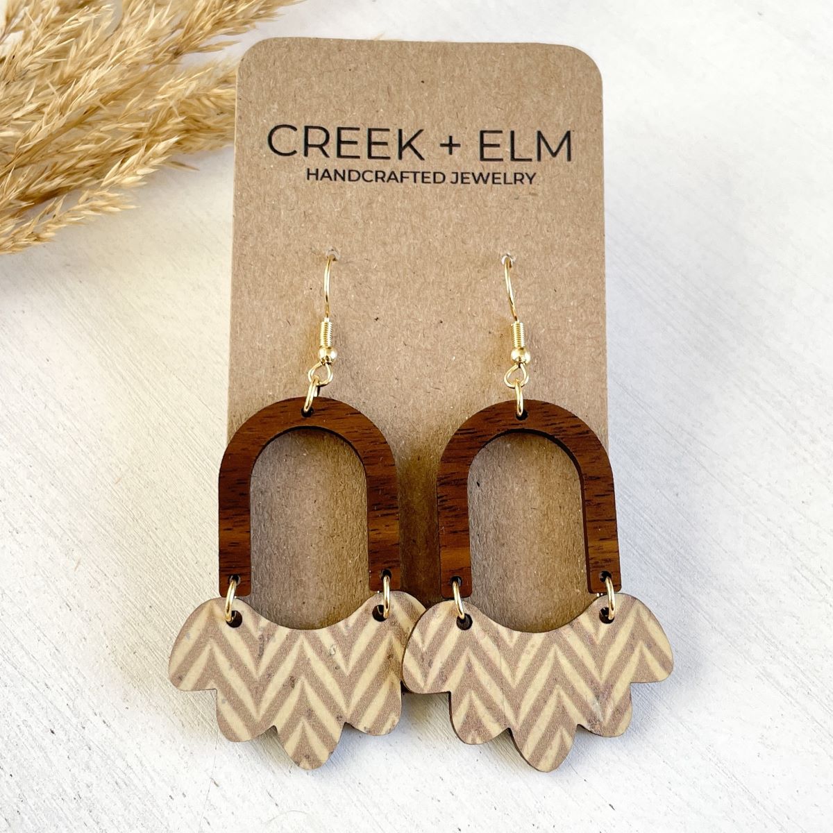 Paige Scalloped Cork + Walnut Wood Arch Dangly Earrings-Chevron