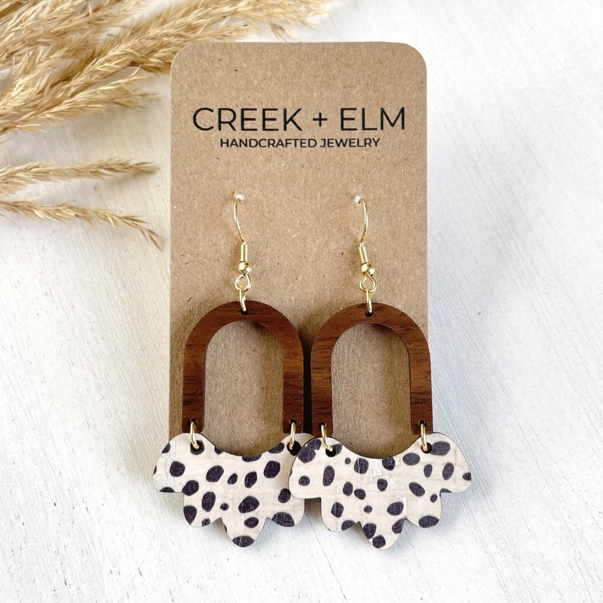 Paige Scalloped Cork + Walnut Wood Arch Dangly Earrings-Spotted