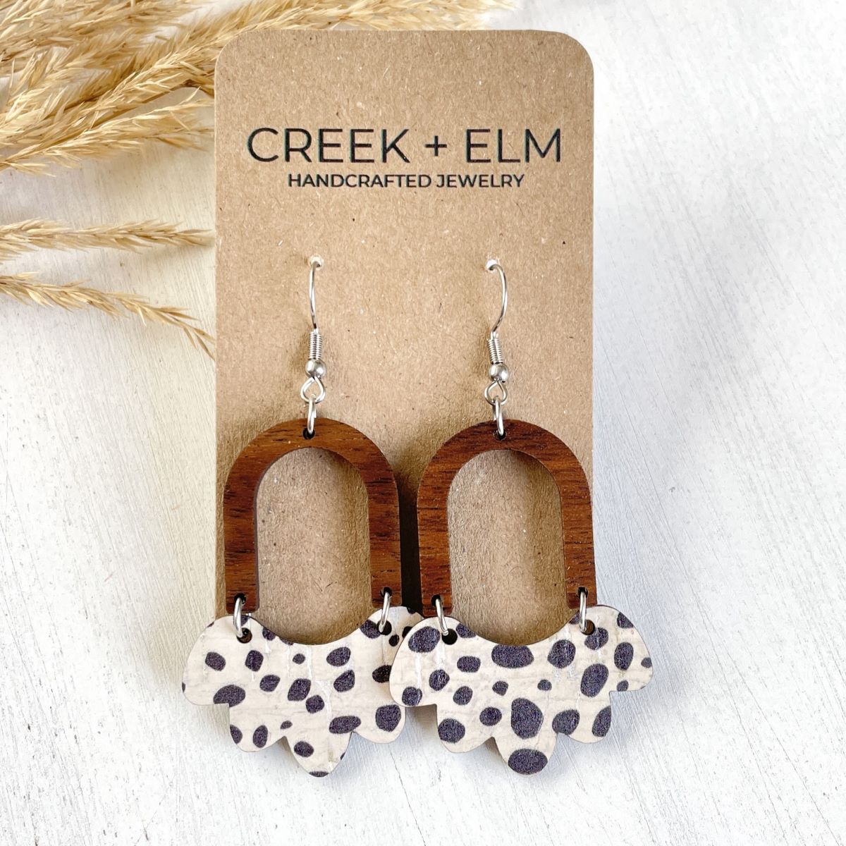 Paige Scalloped Cork + Walnut Wood Arch Dangly Earrings-Spotted