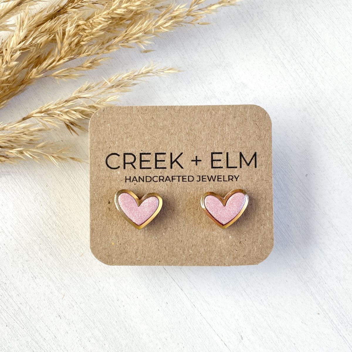 Polymer Clay Heart Stud Earrings with Gold or Silver Accent- Pink Pearl