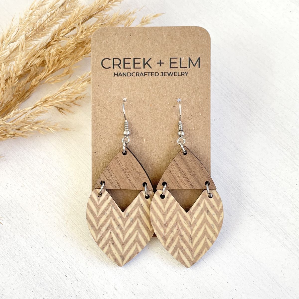 Scarlett Cork + Wood Heart Earrings- Chevron