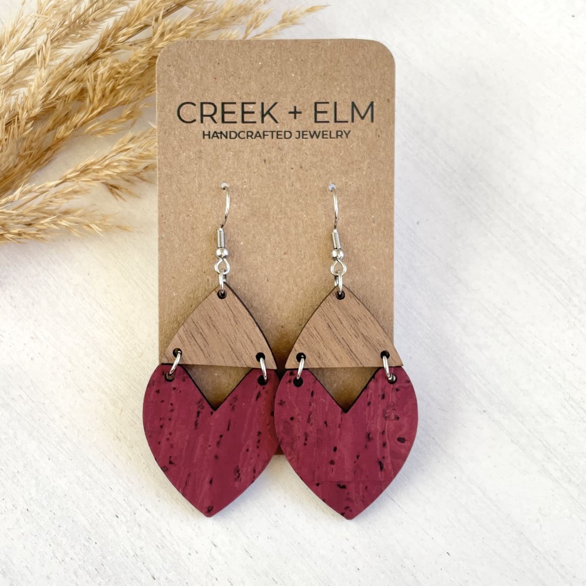 Scarlett Cork + Wood Heart Earrings- Red Wine