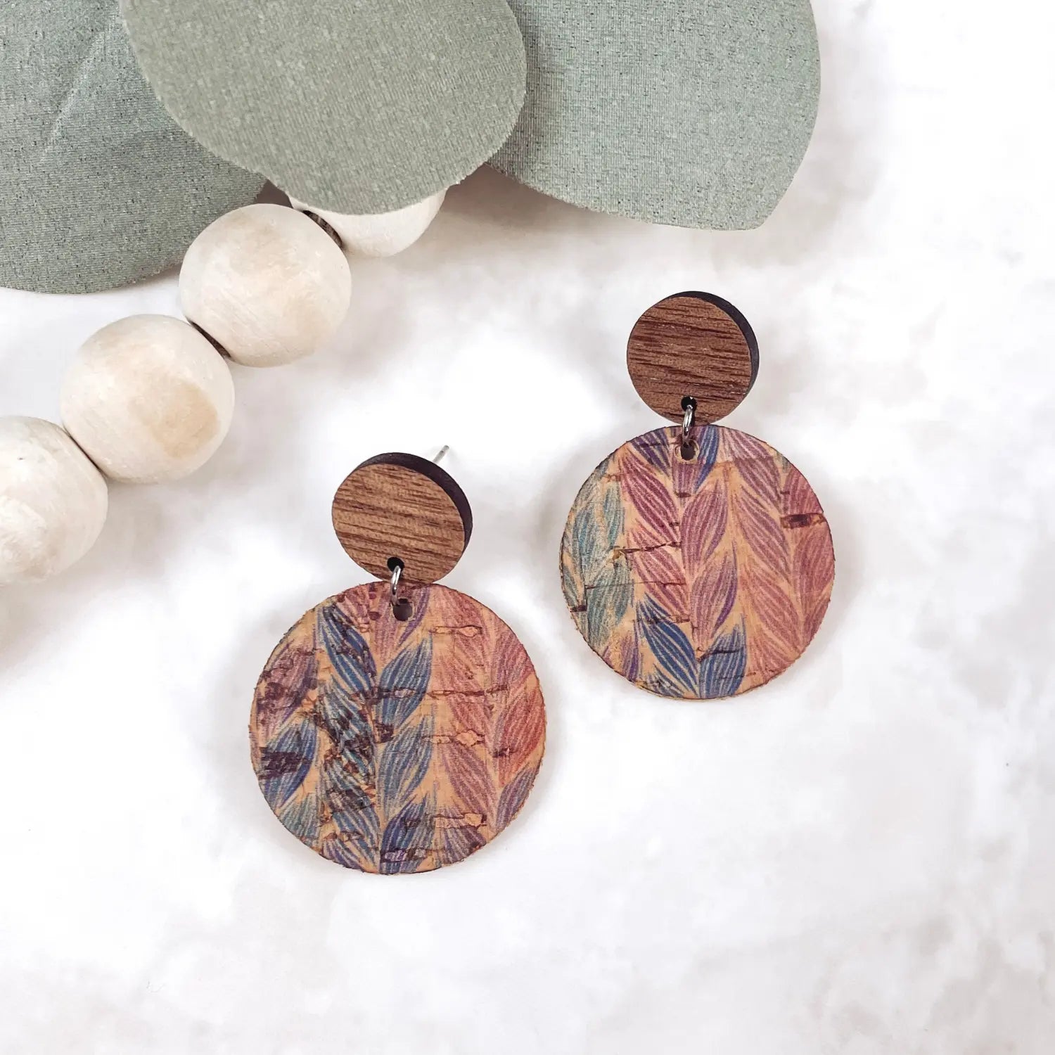 Liyra Cork and Walnut Wood Circle Earrings-Braided Pastel Creek + Elm