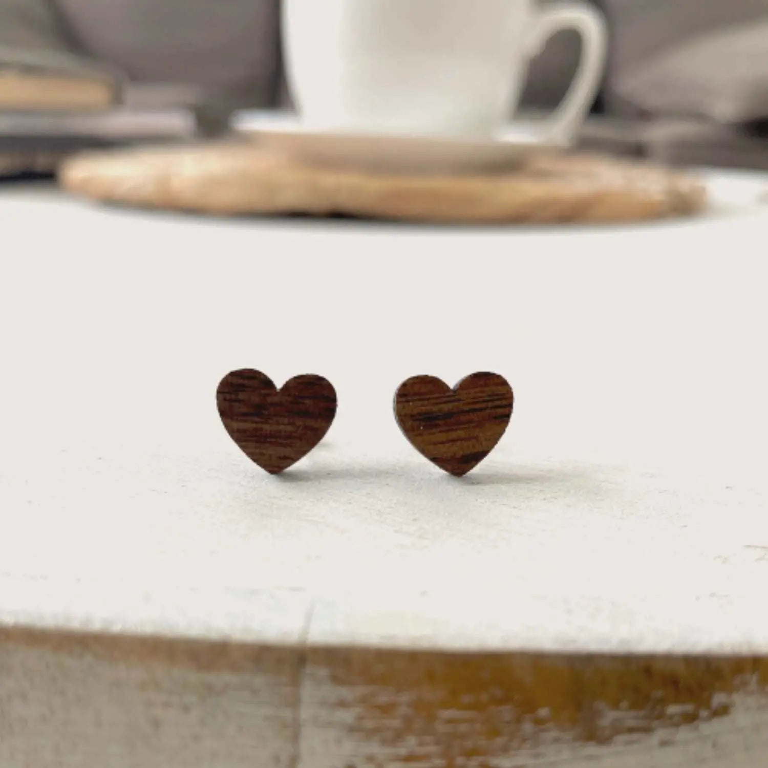 Walnut Wood Heart Stud Earrings