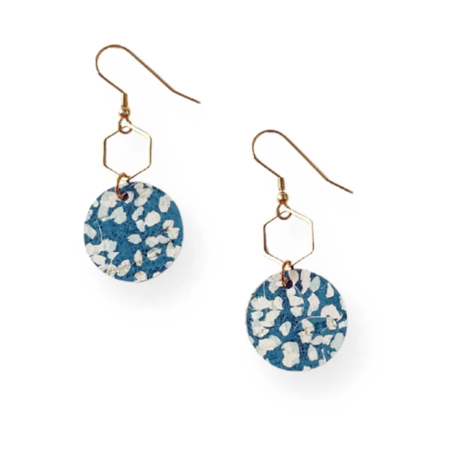 Elizabeth Gold Hexagon and Cork Earrings-Blue Dots