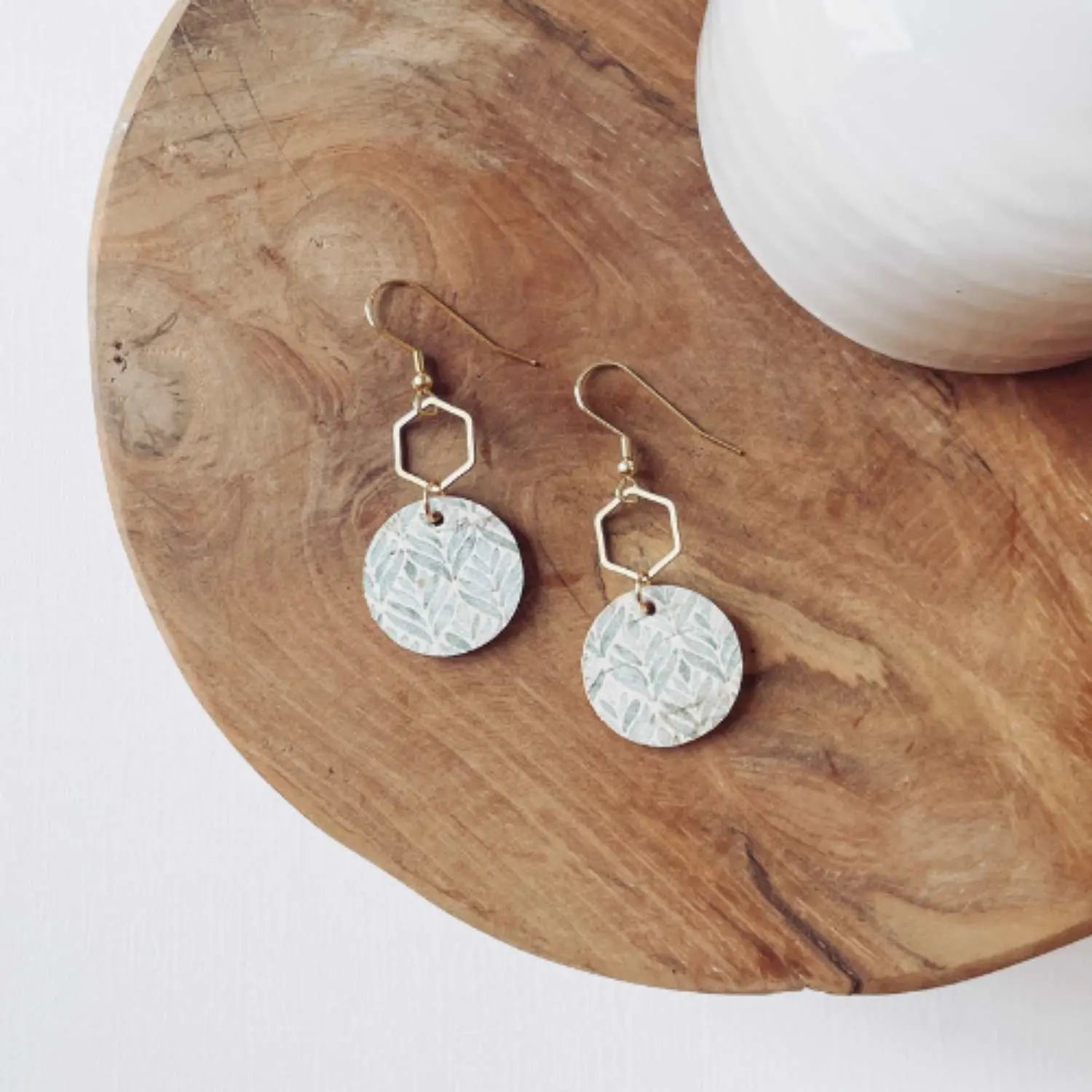 Elizabeth Gold Hexagon and Cork Earrings-Teal Modern