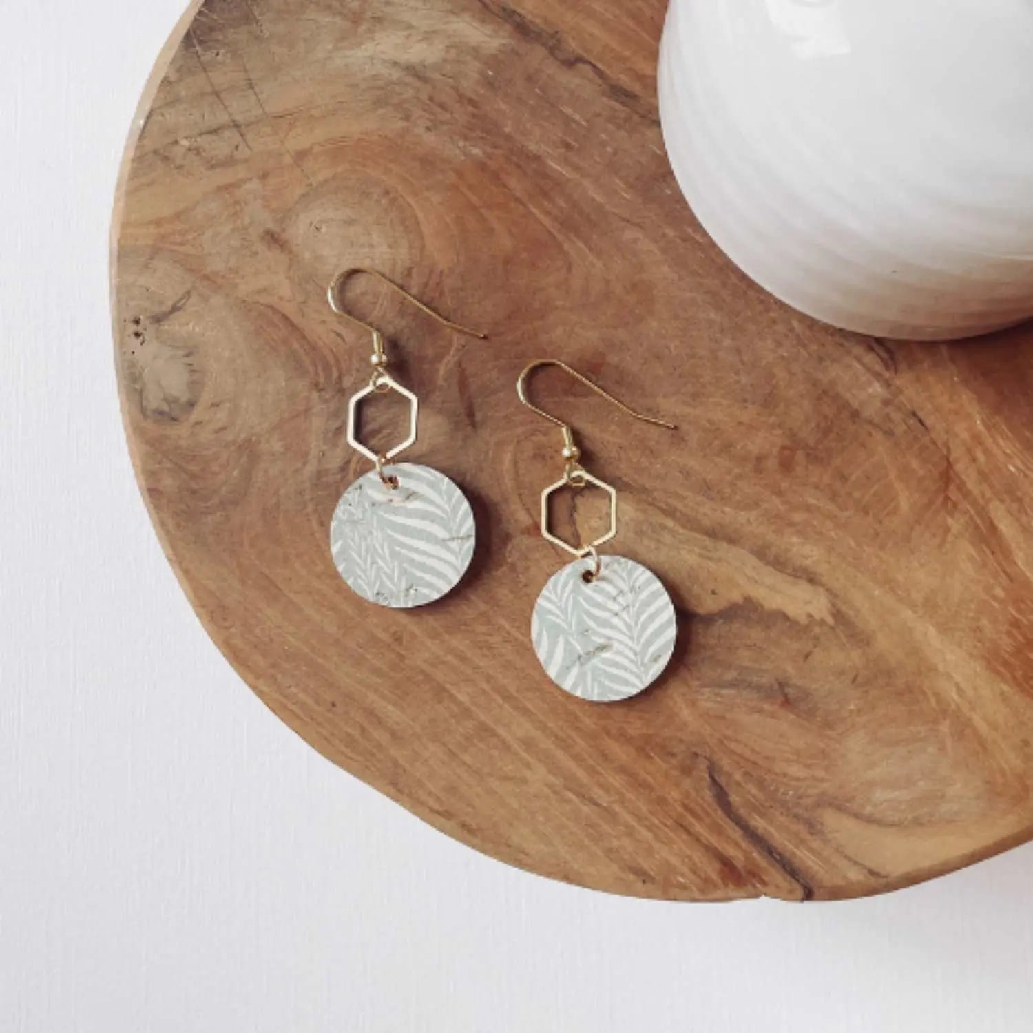 Elizabeth Gold Hexagon and Cork Earrings-Teal Leaves