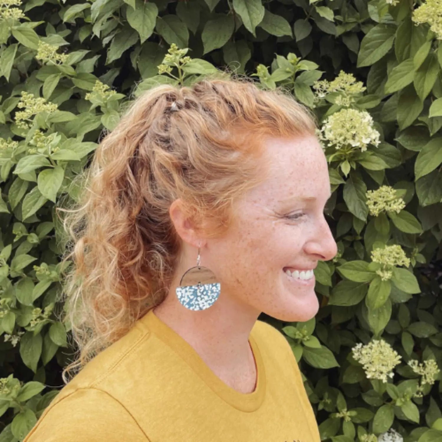 Everly Cork and Wood Handcrafted Round Earrings-Teal Leaves
