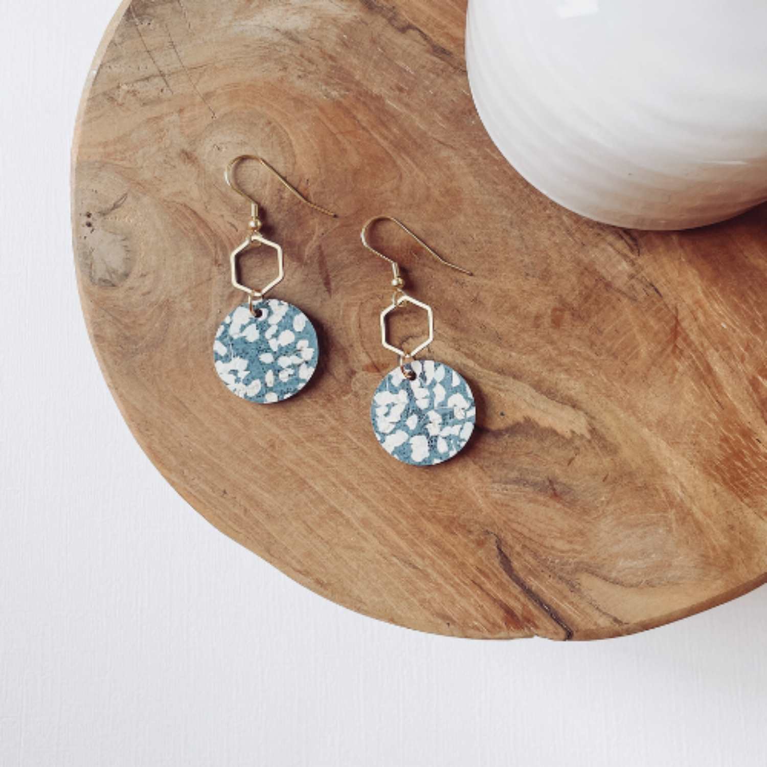 Elizabeth Gold Hexagon and Cork Earrings-Blue Dots