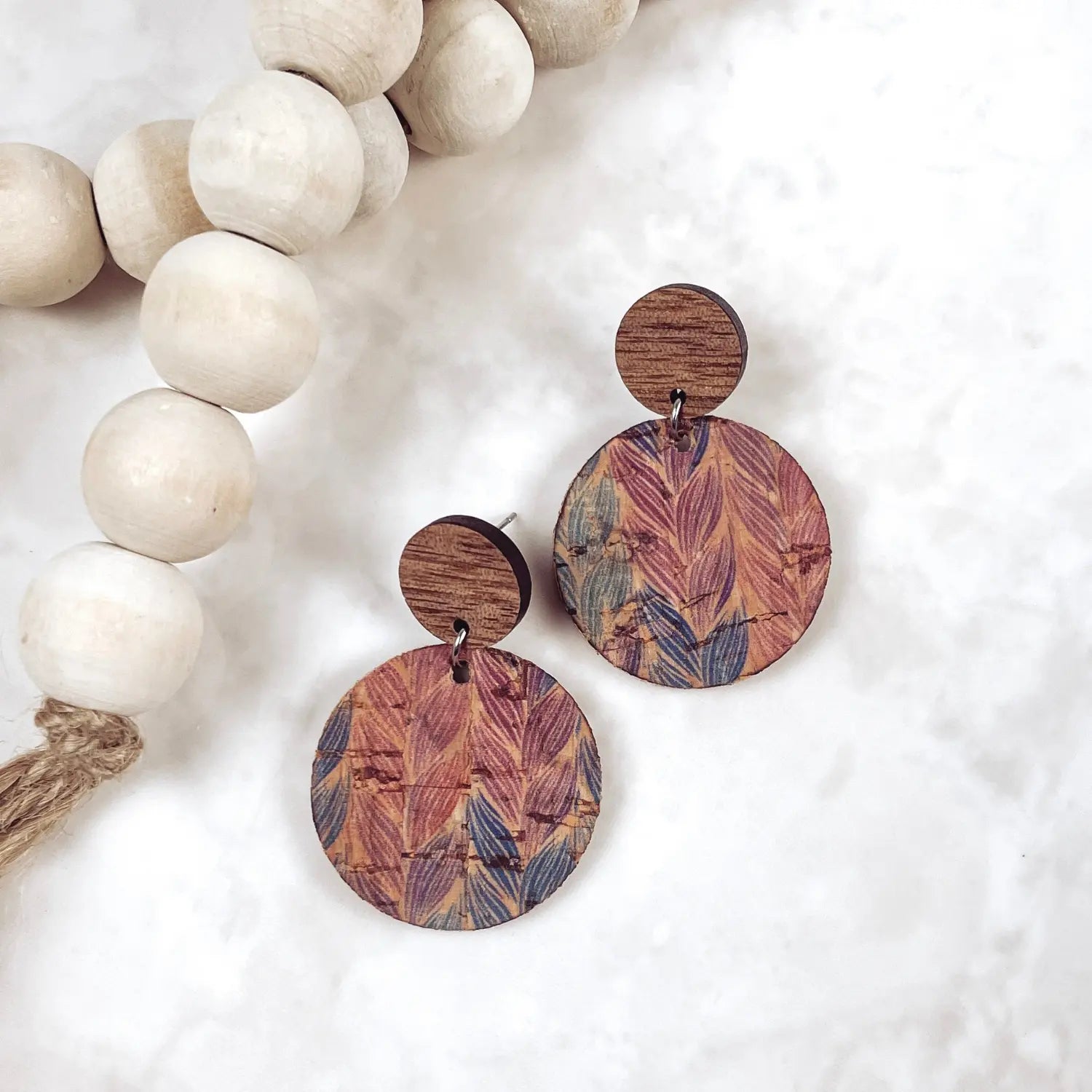 Liyra Cork and Walnut Wood Circle Earrings-Braided Pastel Creek + Elm