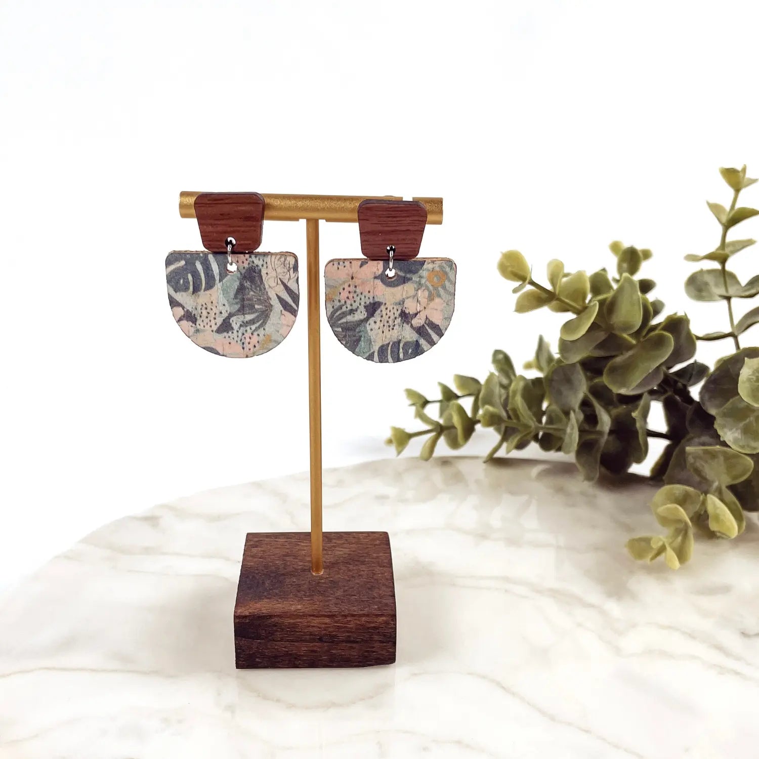 Charlie Walnut Wood and Cork Earrings- Monstera Leaves Creek + Elm