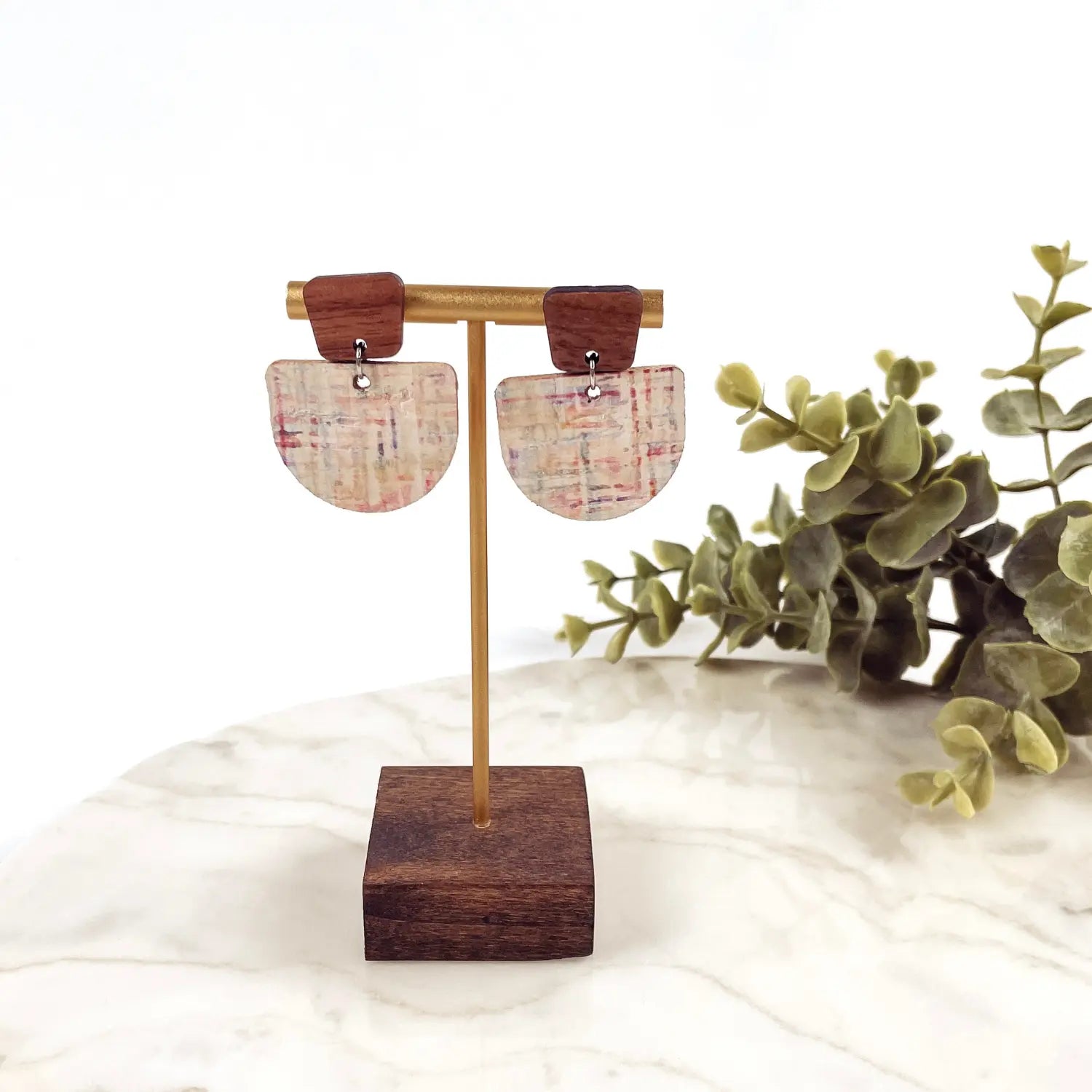 Charlie Walnut Wood and Cork Earrings- Rainbow Pastel
