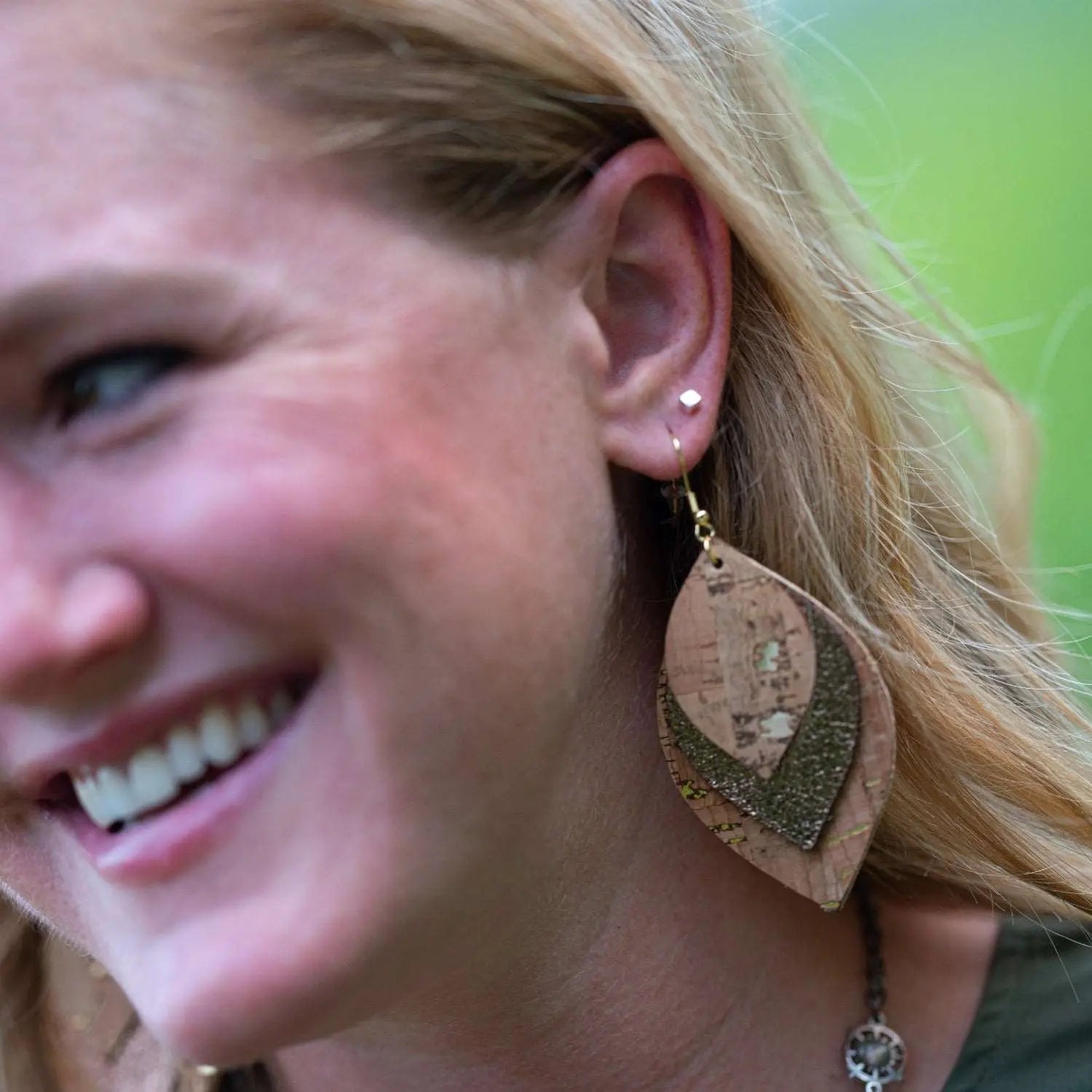 Macy Cork and Faux Leather Dangly Leaf Earrings-Kelly Green