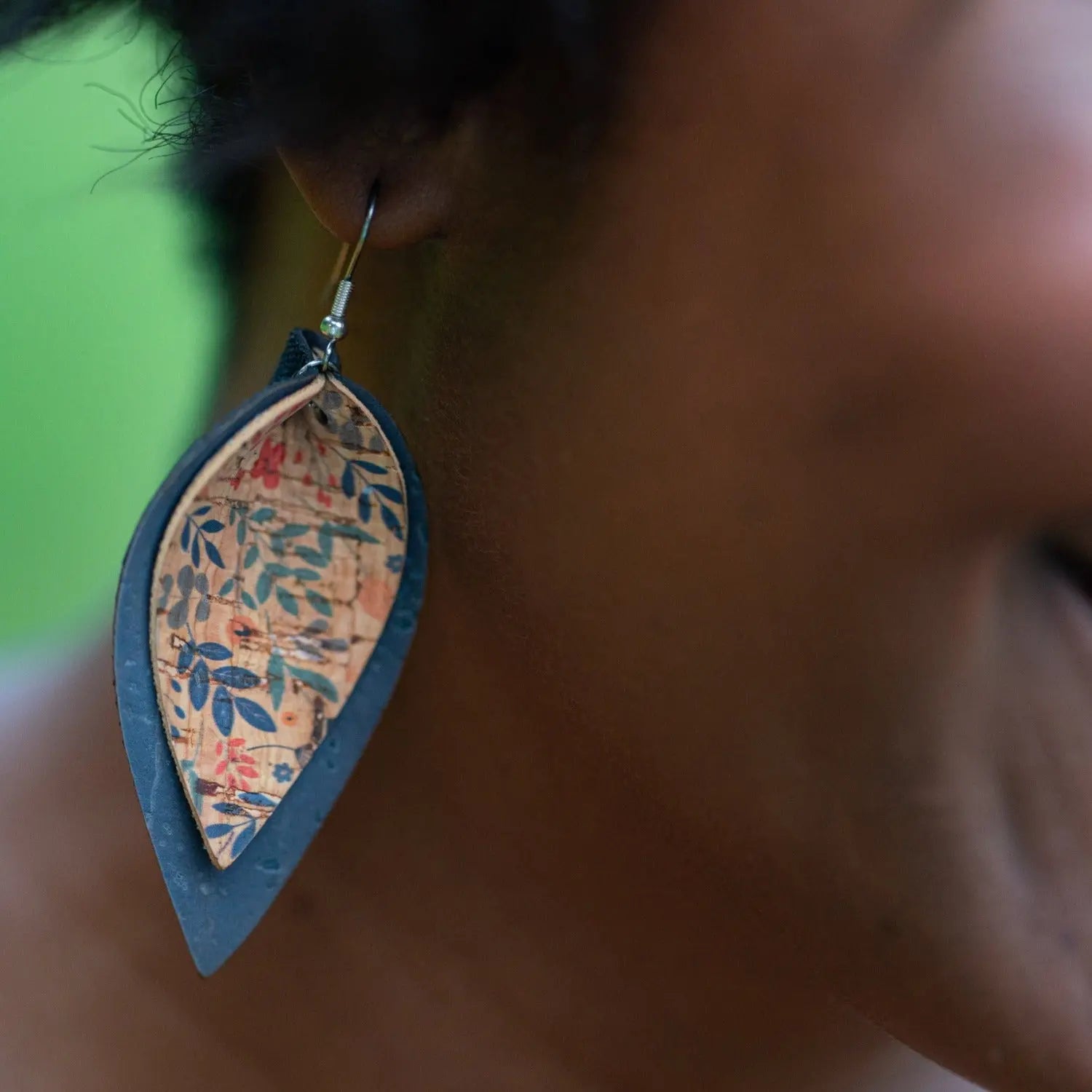 Lainey Petite Floral Cork Leaf Dangly Earrings-Navy Creek + Elm