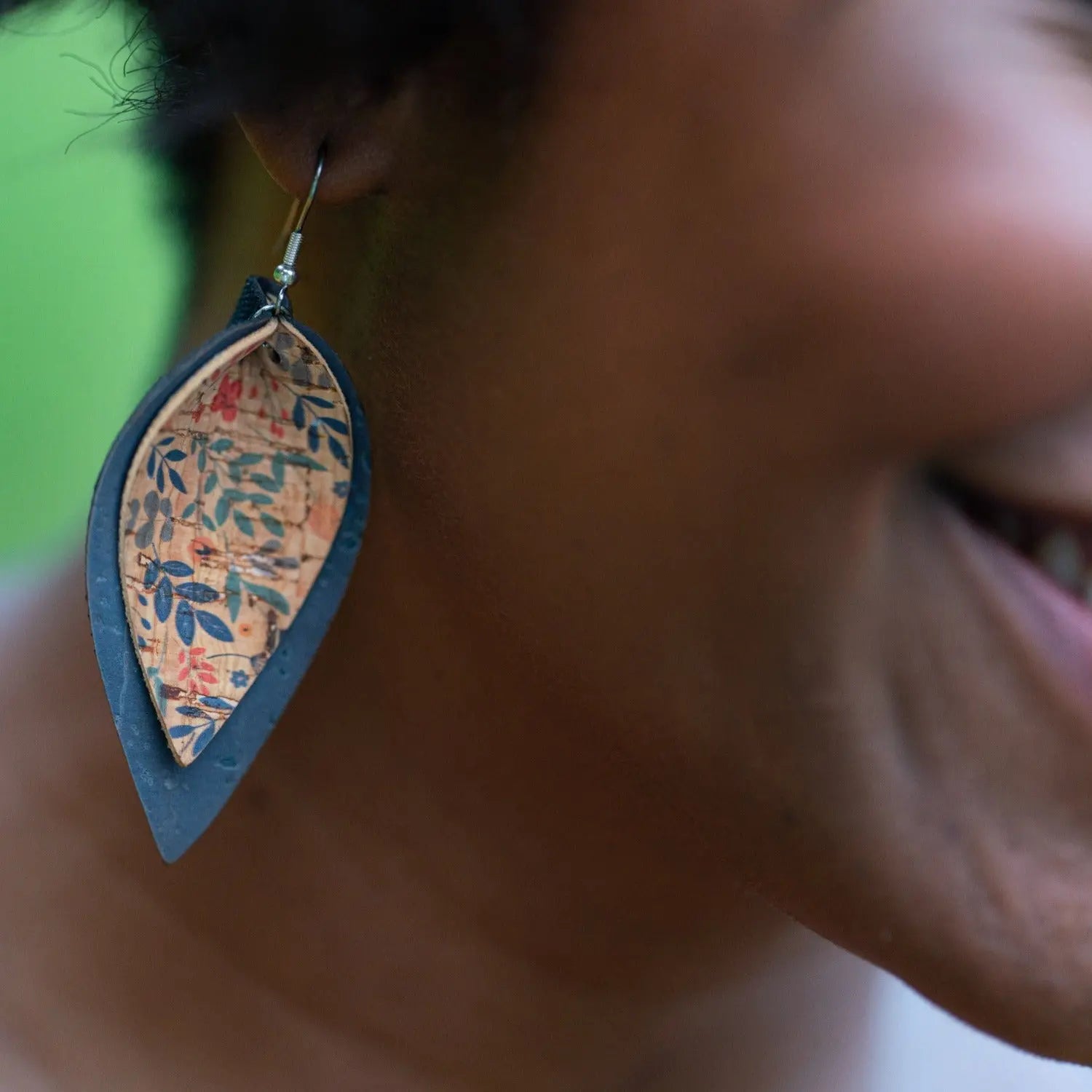 Lainey Petite Floral Cork Leaf Dangly Earrings-Gray Creek + Elm