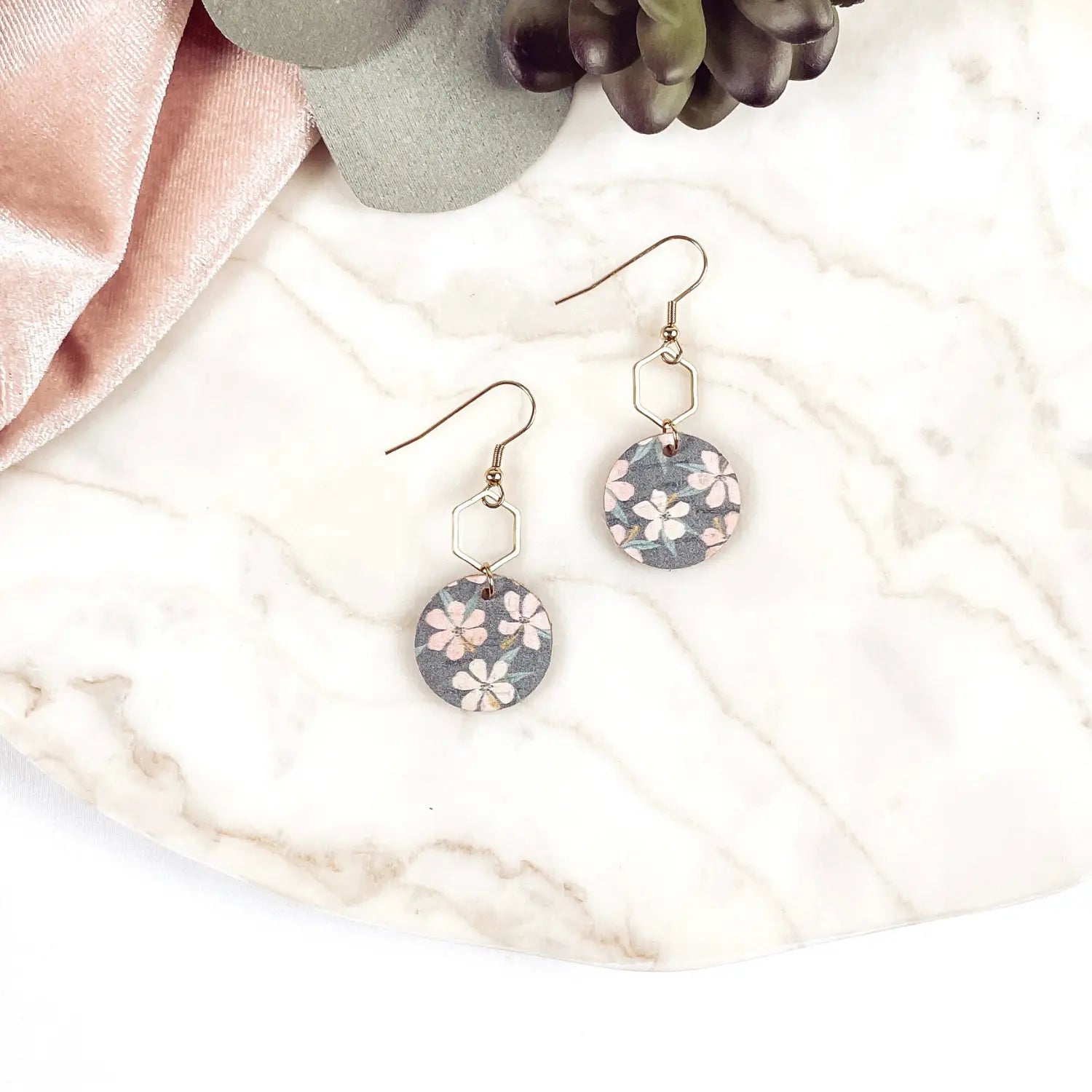 Elizabeth Gold or Silver Hexagon and Cork Earrings- Hibiscus Creek + Elm