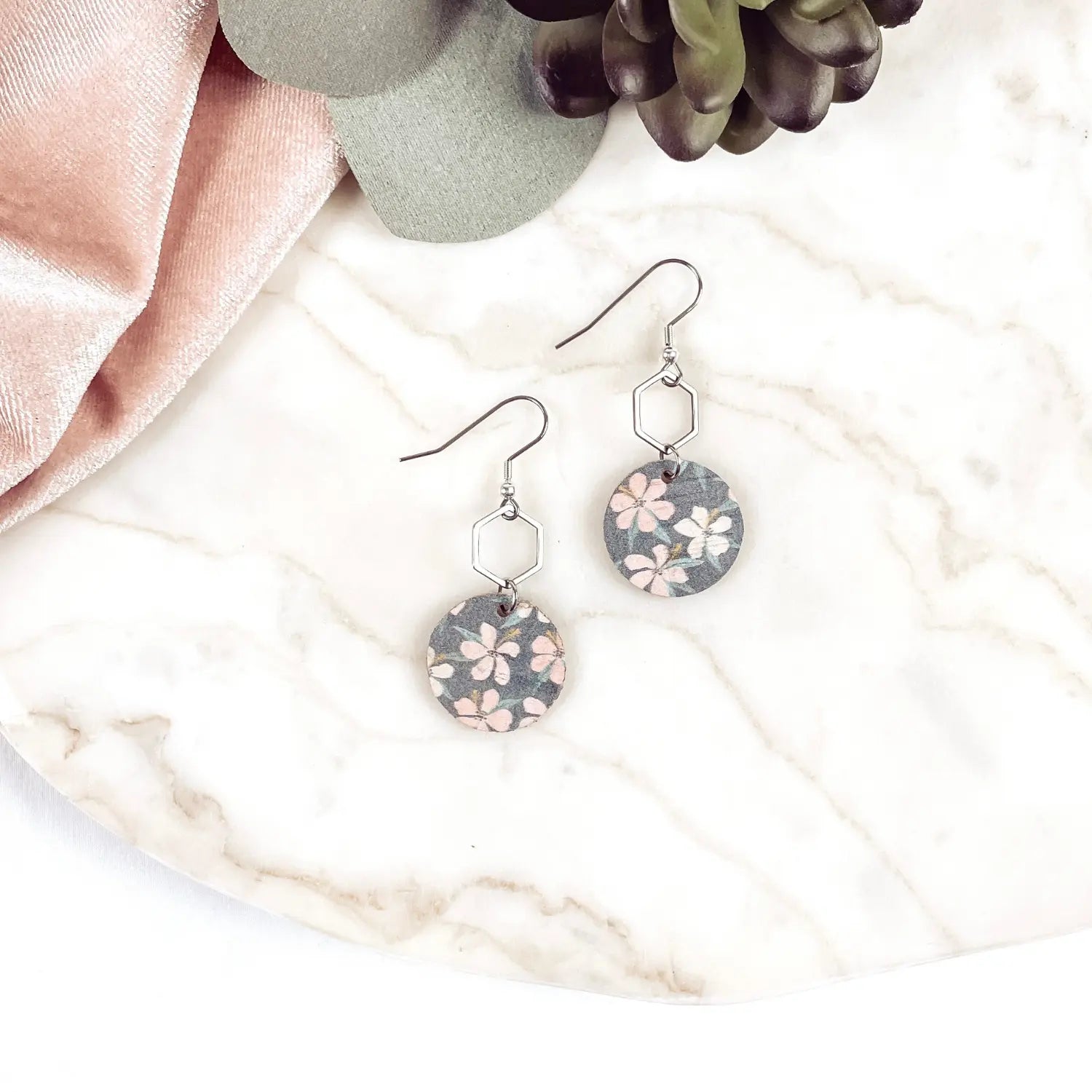 Elizabeth Gold or Silver Hexagon and Cork Earrings- Hibiscus Creek + Elm
