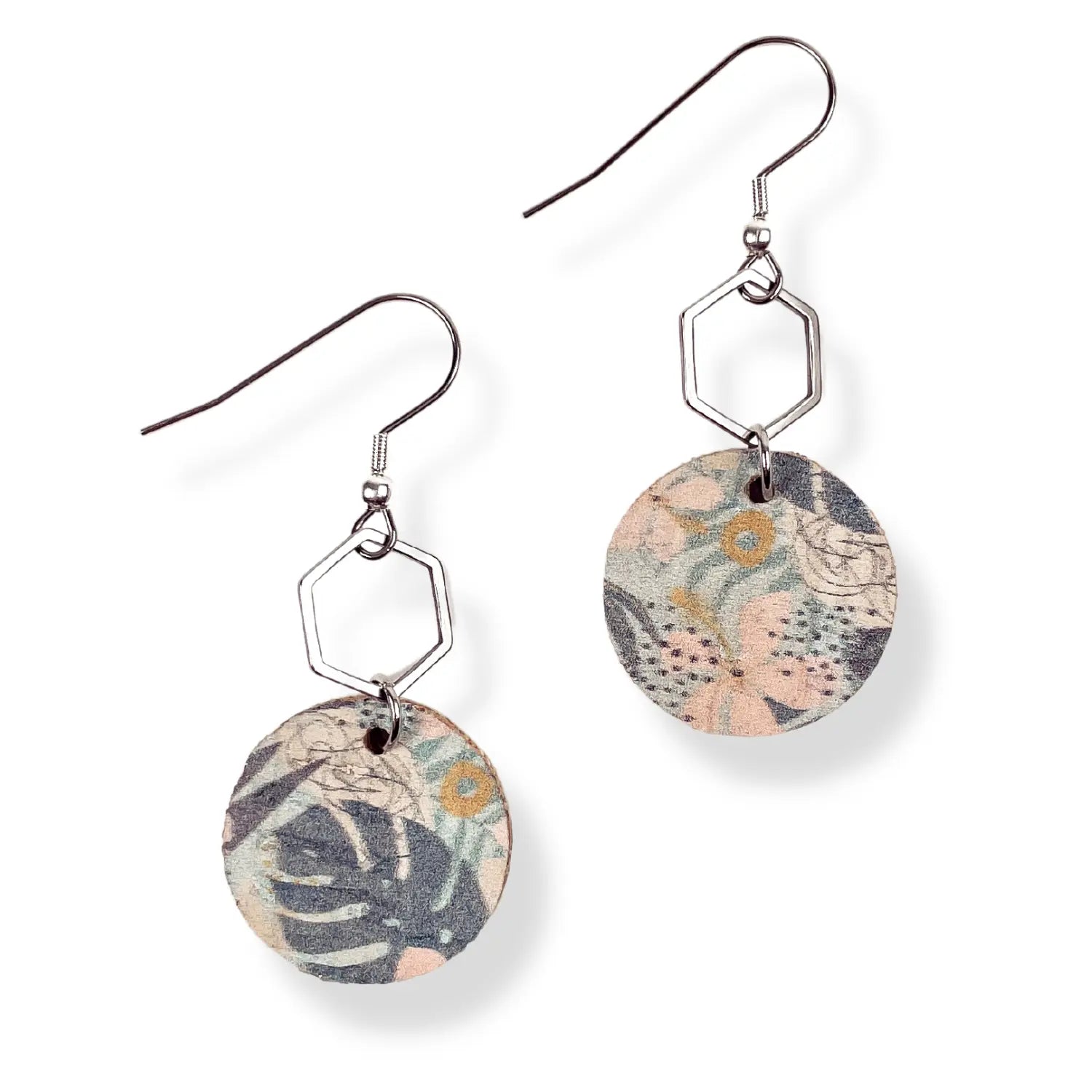 Elizabeth Gold or Silver Hexagon and Cork Earrings- Monstera Leaves