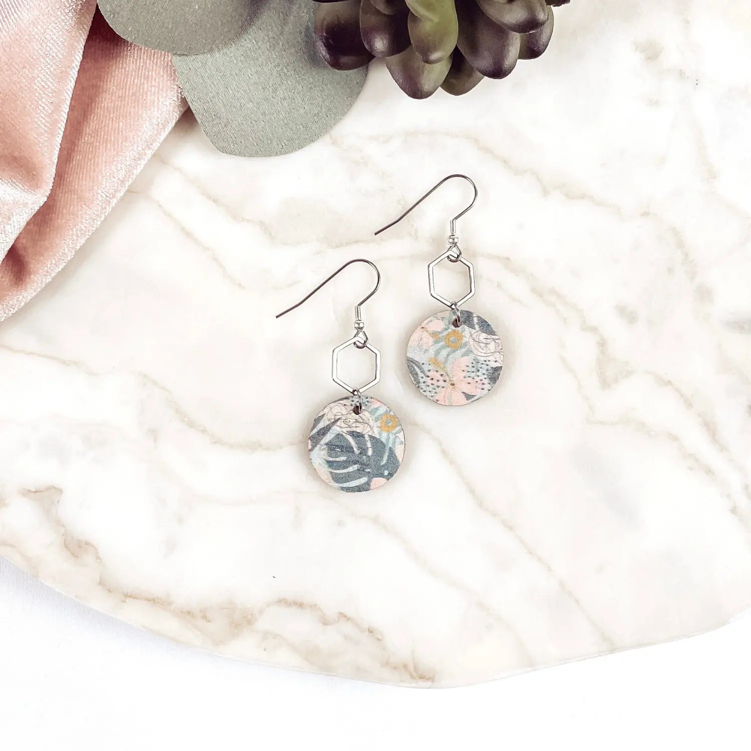 Elizabeth Gold or Silver Hexagon and Cork Earrings- Monstera Leaves
