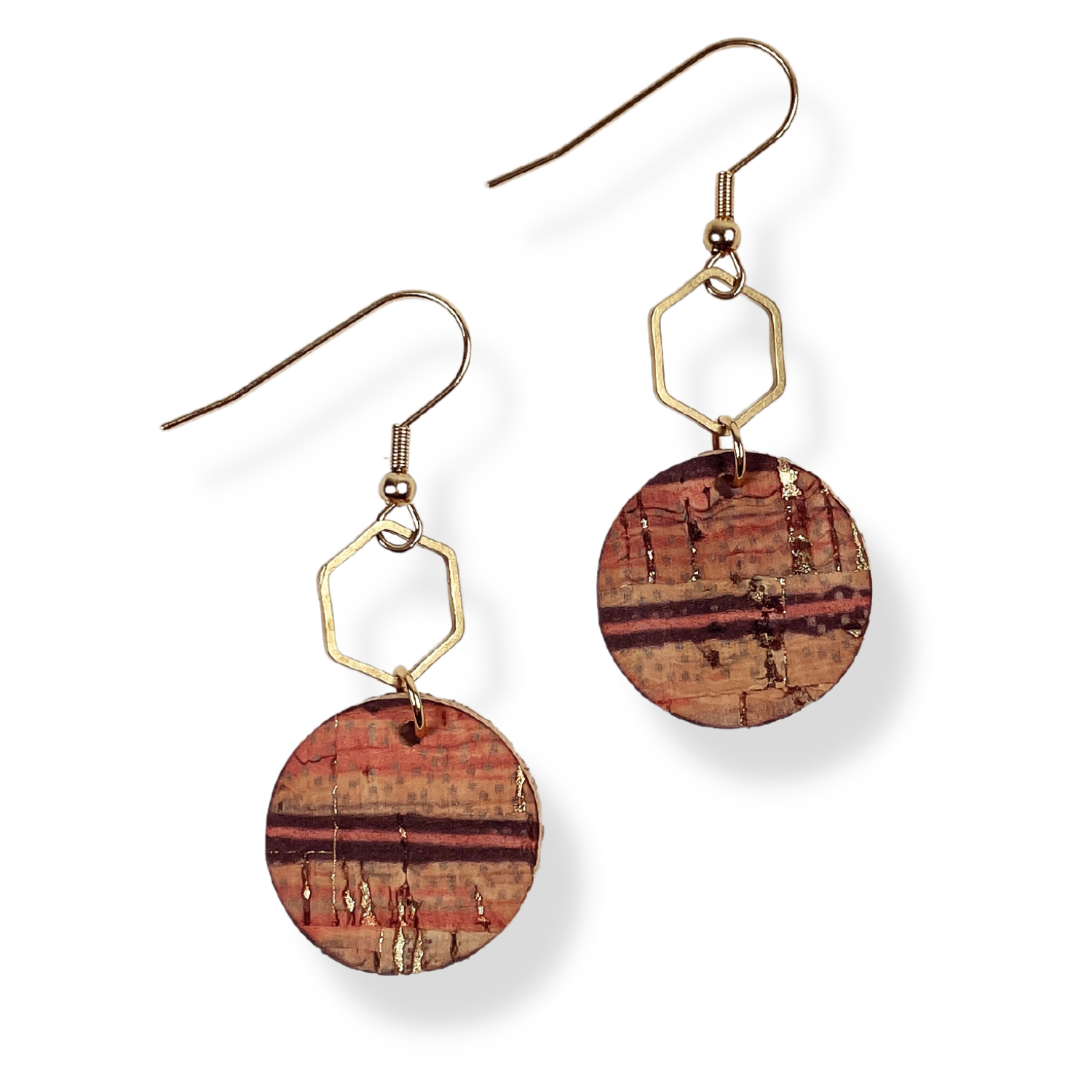Elizabeth Gold or Silver Hexagon and Cork Earrings- Sunset Stripes