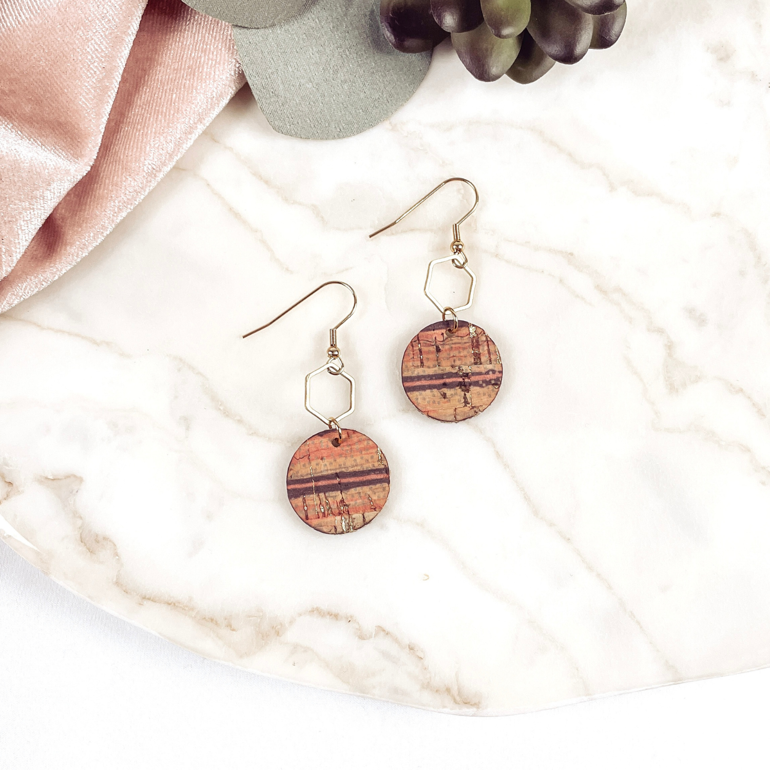 Elizabeth Gold or Silver Hexagon and Cork Earrings- Sunset Stripes