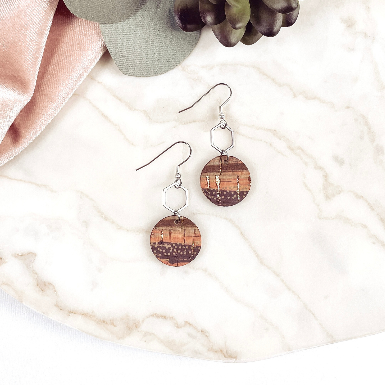 Elizabeth Gold or Silver Hexagon and Cork Earrings- Sunset Stripes