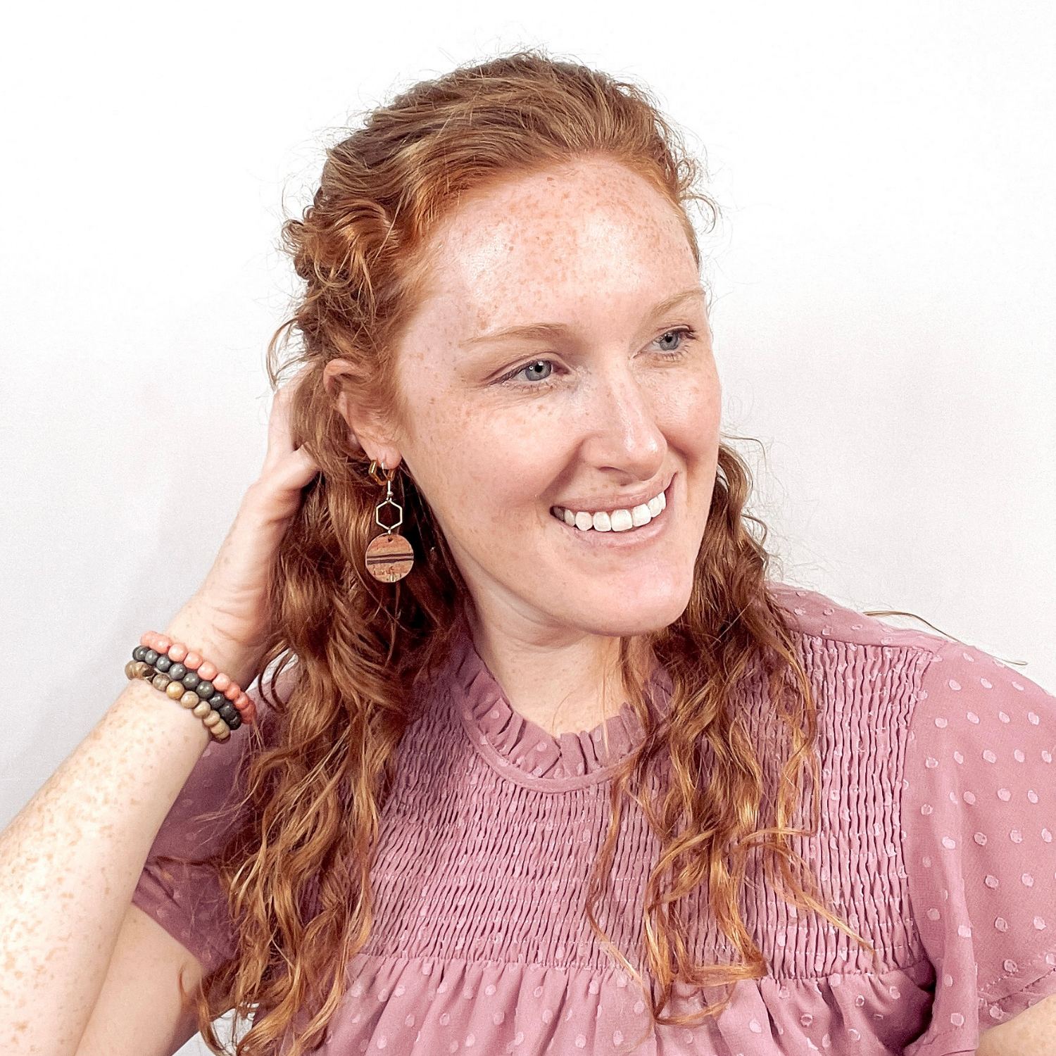 Elizabeth Gold or Silver Hexagon and Cork Earrings- Sunset Stripes