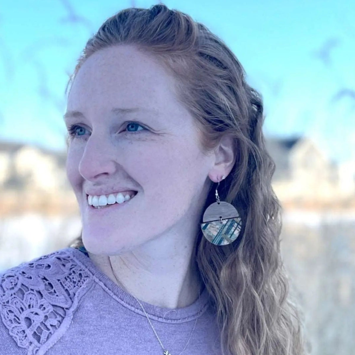 Everly Cork and Wood Handcrafted Round Earrings-Green Weave