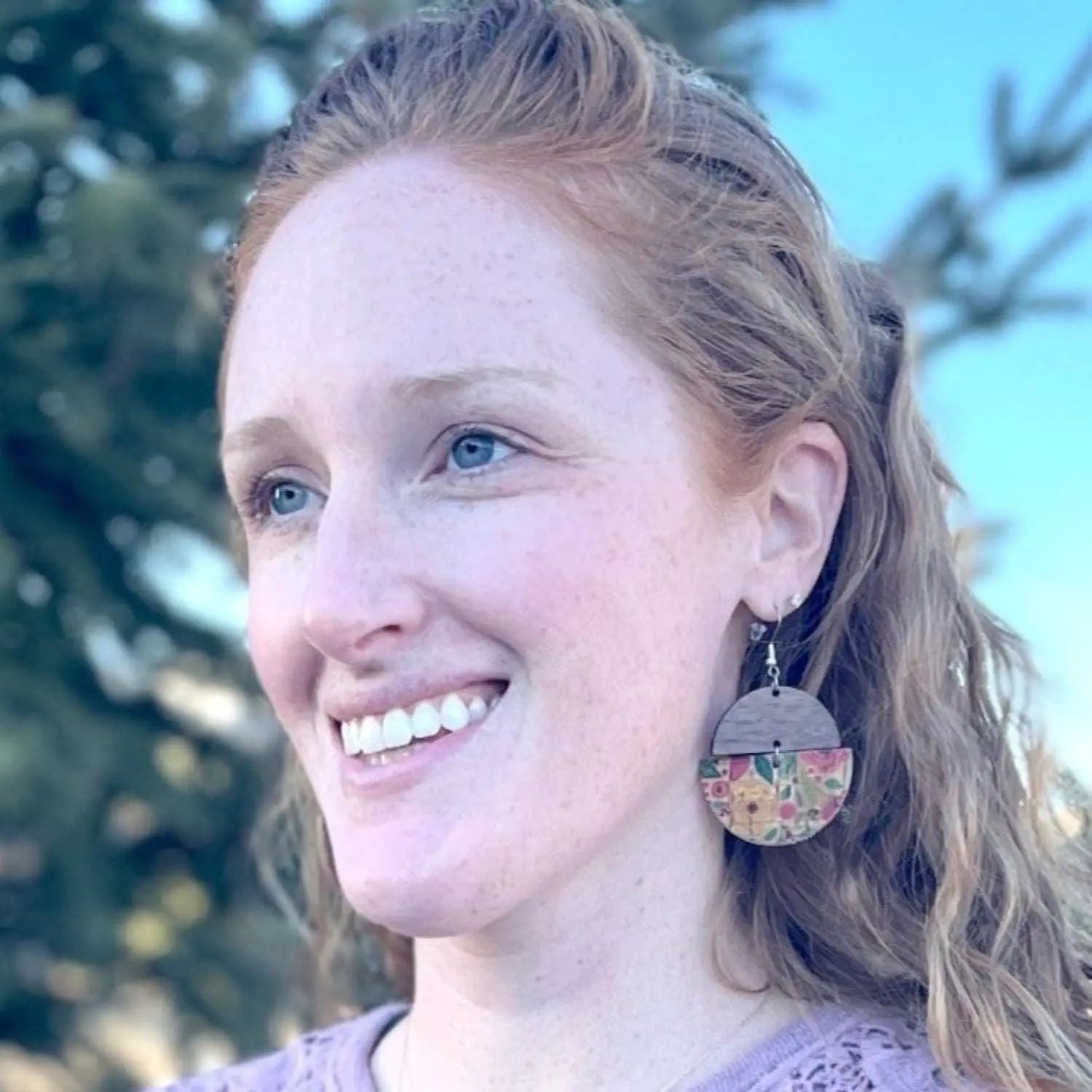 Everly Cork and Wood Handcrafted Round Earrings-Pastel Floral