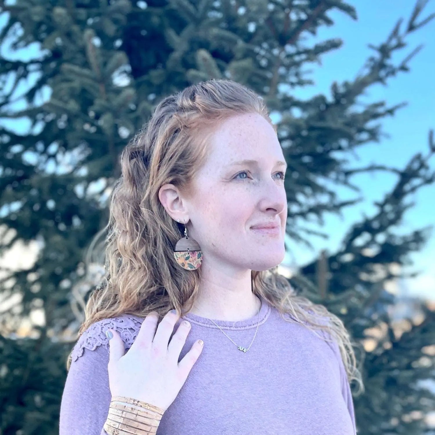 Everly Cork and Wood Handcrafted Round Earrings-Pastel Floral
