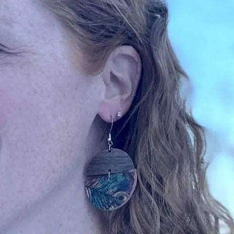 Everly Cork and Wood Handcrafted Round Earrings-Peacock Feather