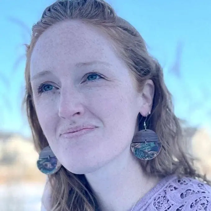 Everly Cork and Wood Handcrafted Round Earrings-Peacock Feather