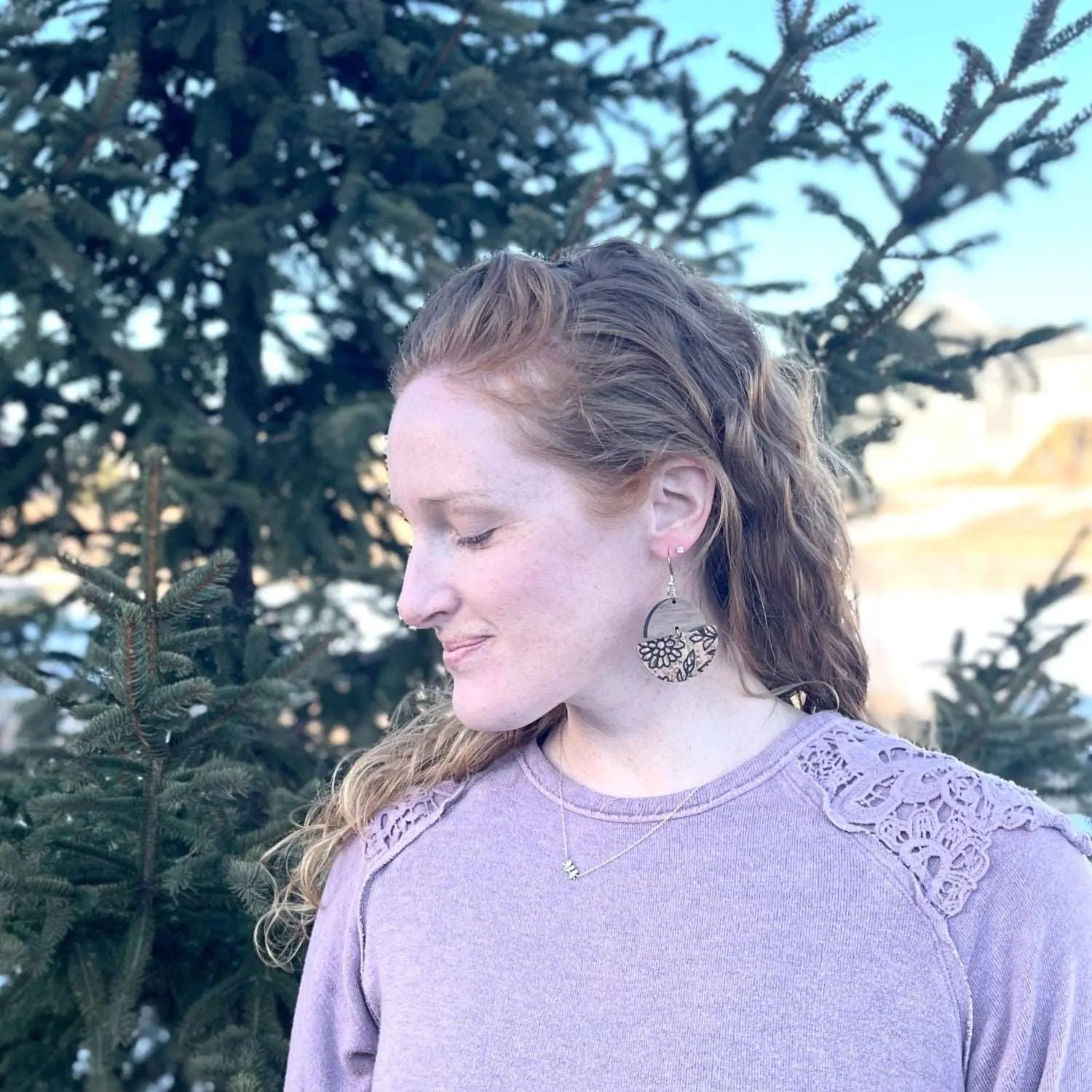 Everly Cork and Wood Handcrafted Round Earrings-Black Floral