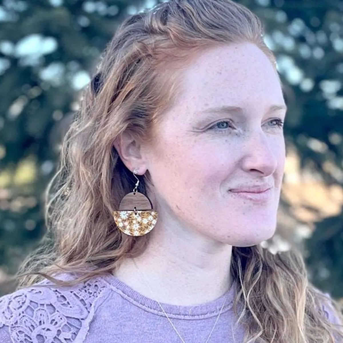 Everly Cork and Wood Handcrafted Round Earrings-Floral Mustard