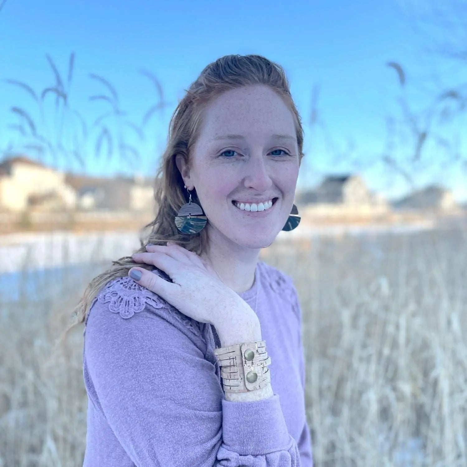 Everly Cork and Wood Handcrafted Round Earrings-Monstera Leaves