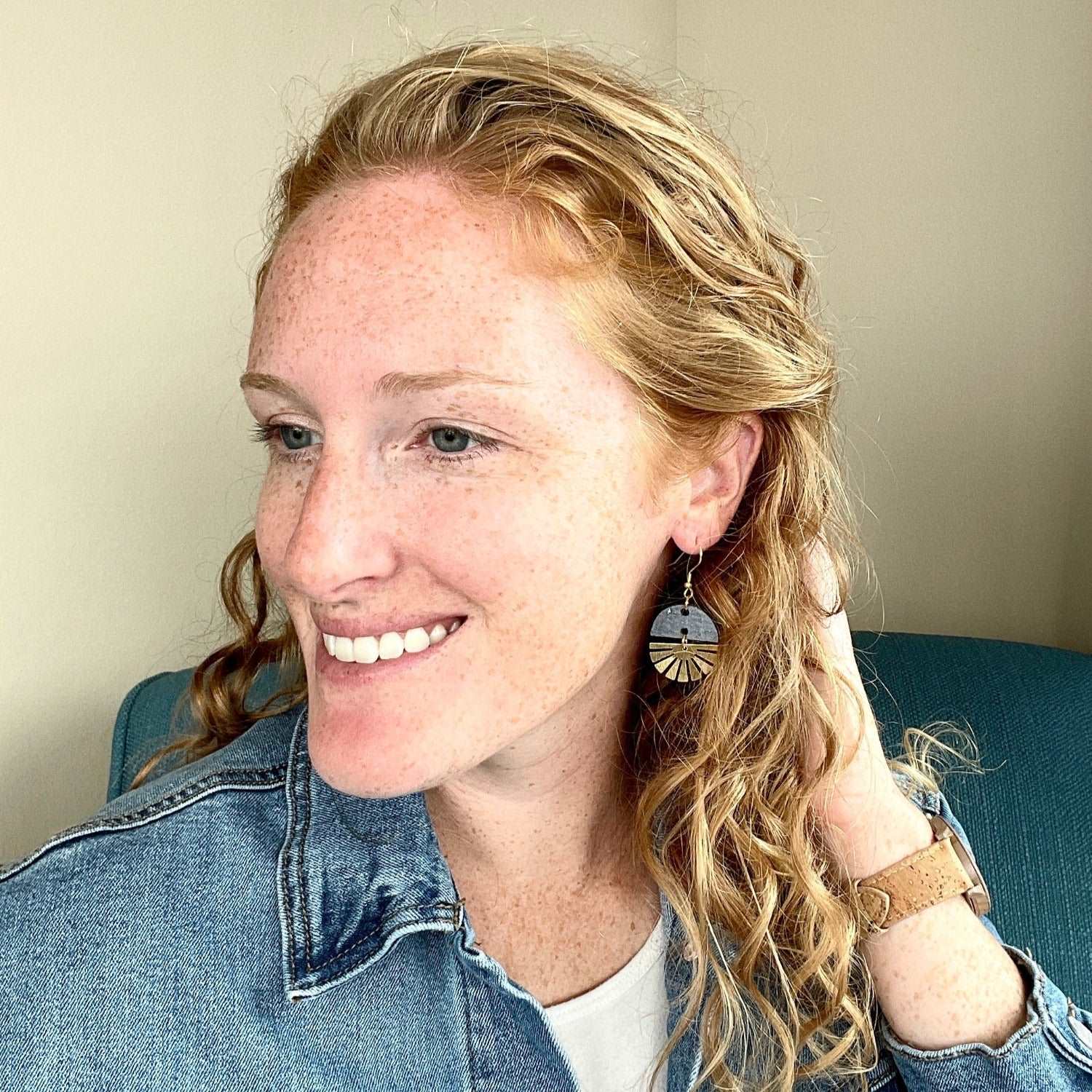 Claire Pearl Gray Cork and Gold Accent Dangly Earrings