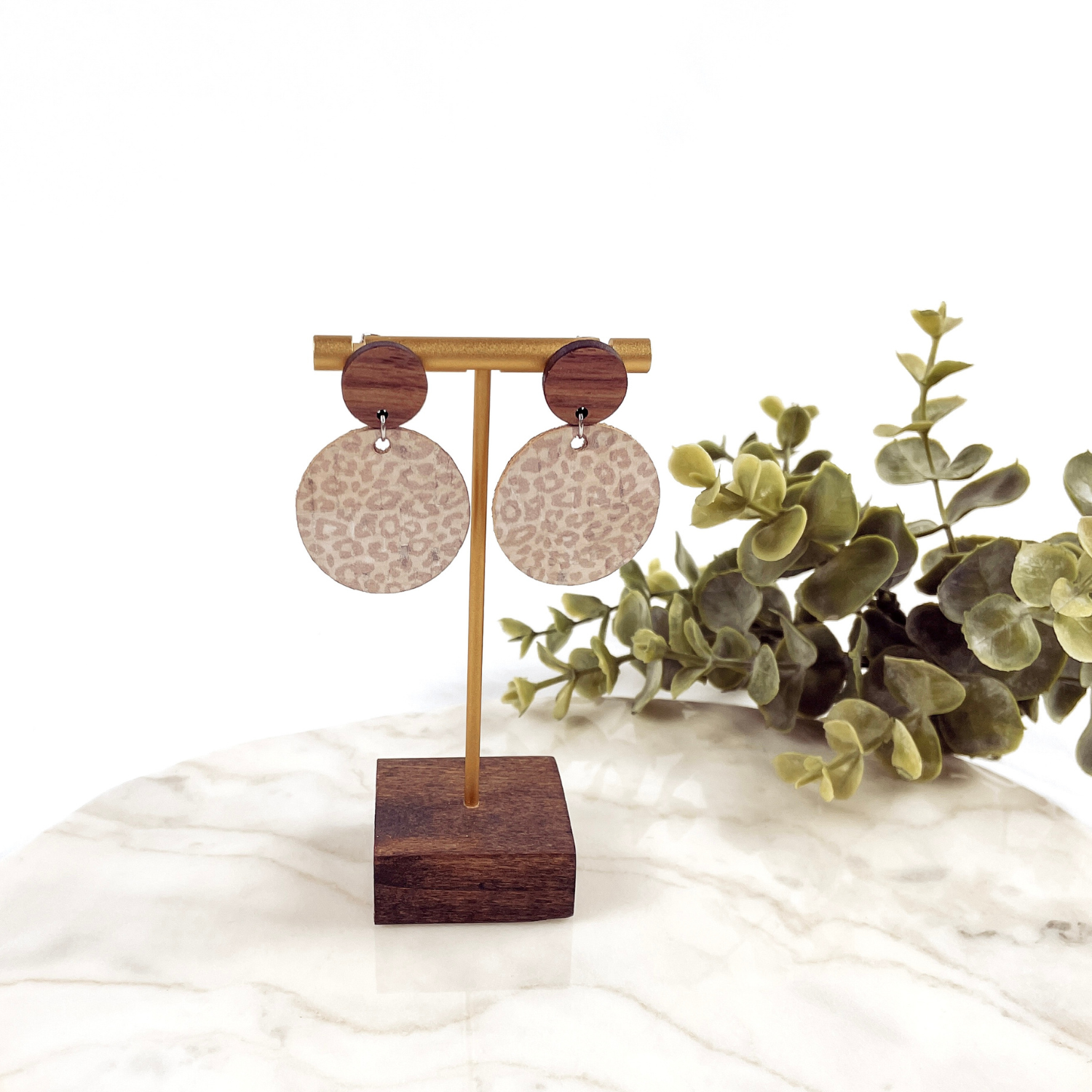 Liyra Cork and Walnut Wood Circle Earrings- Light Leopard